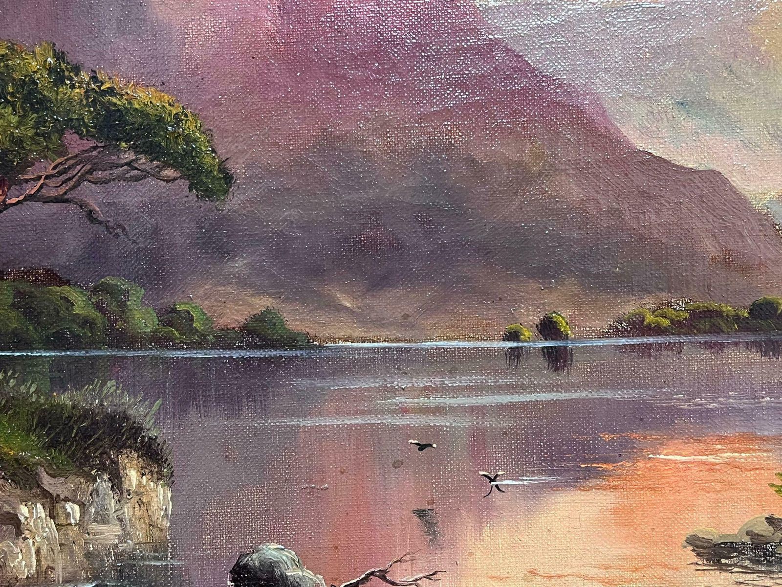 Jack M. Duckerloch Awe Scottish Highlands Pink Sunset Over Mountains & Loch Antique Oil photo for sale