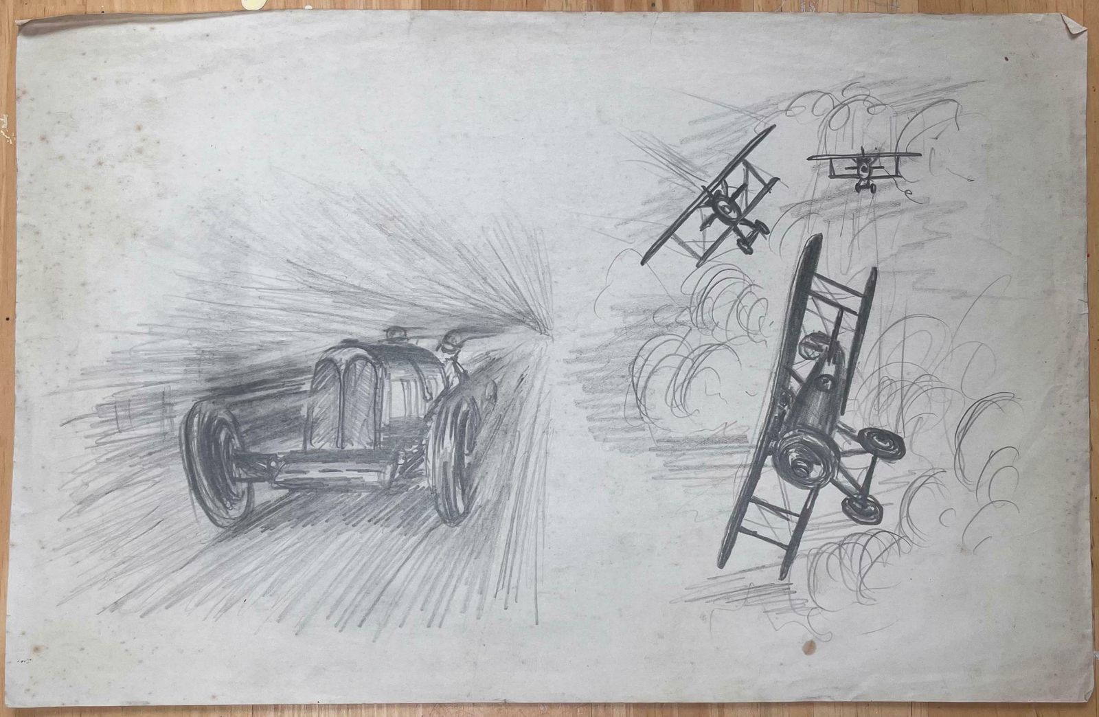 K.B. Whiteworld War I Dogfight Scene With Vintage Race Car Pencil Illustrationearly 20th Century photo furniture