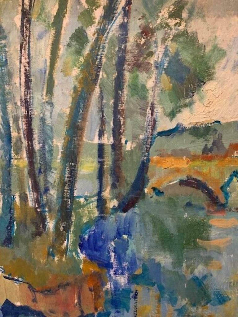 French Post Impressionistmid 20th Century French Post Impressionist River Landscape Oil Paintingc. 1950s photo furniture