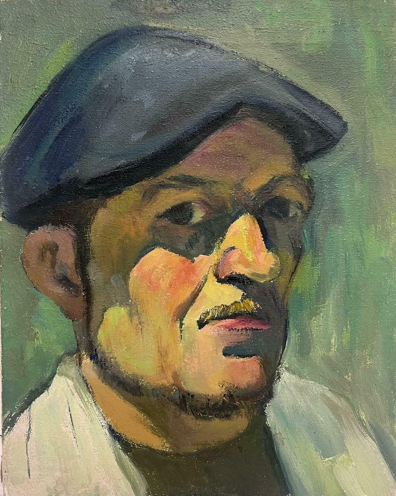 French School1930's French Impressionist Portrait Of Man In Beret Cap Oil Painting On Canvas