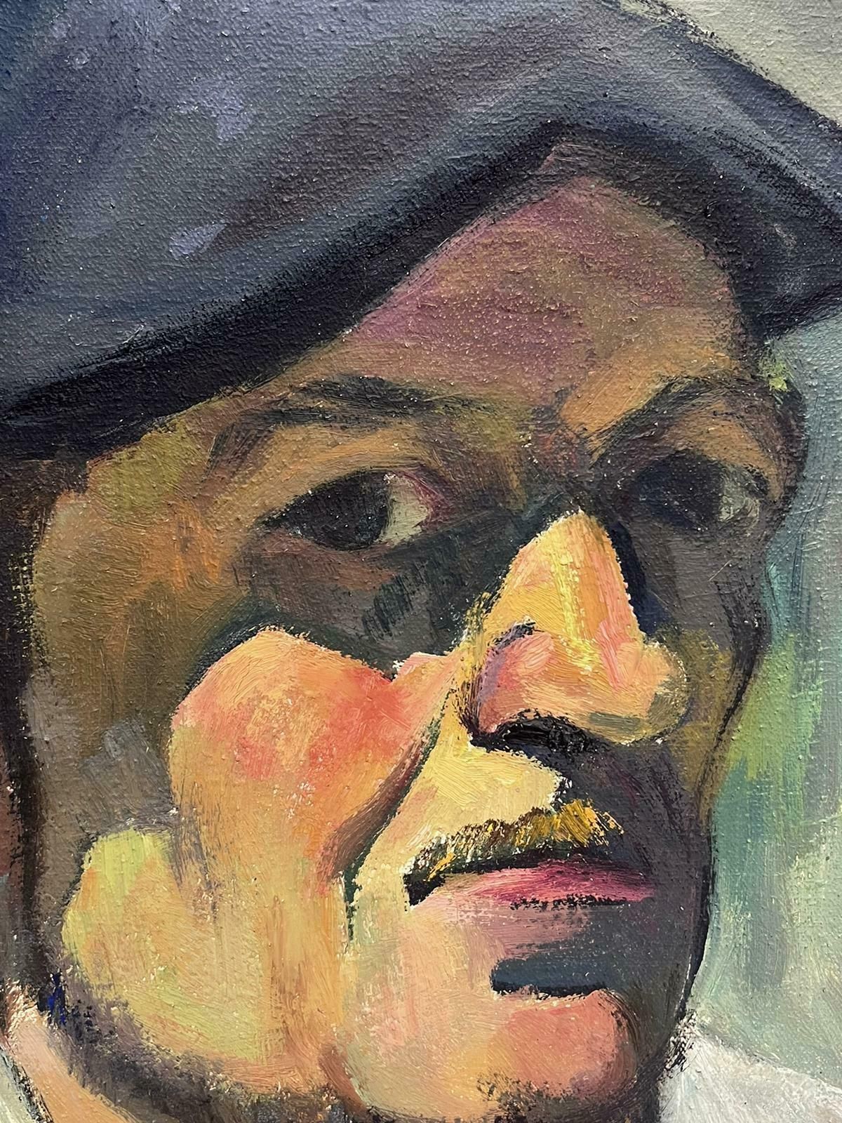 French School1930's French Impressionist Portrait Of Man In Beret Cap Oil Painting On Canvas photo for sale