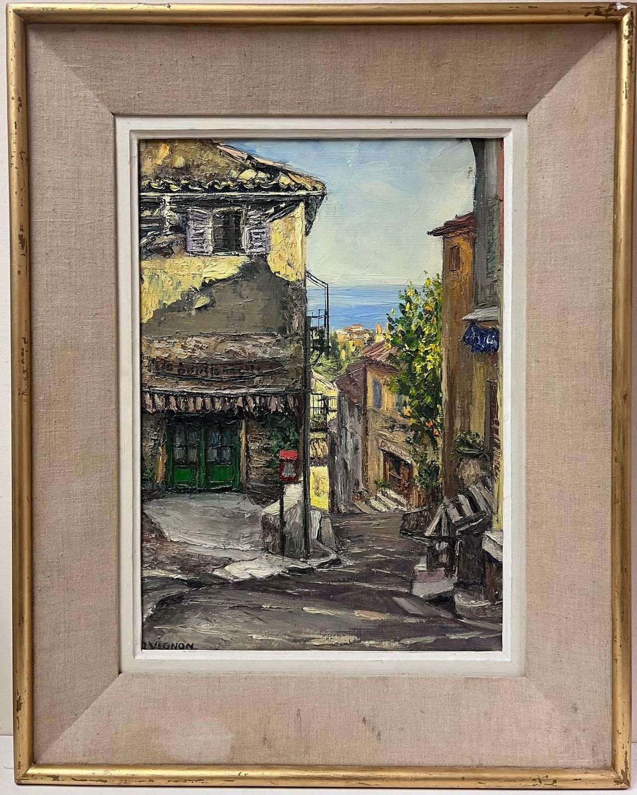 Josine Vignon1960s French Post Impressionist Signed Oil Cafe Street Scene Cagnes Sur Mer1960s