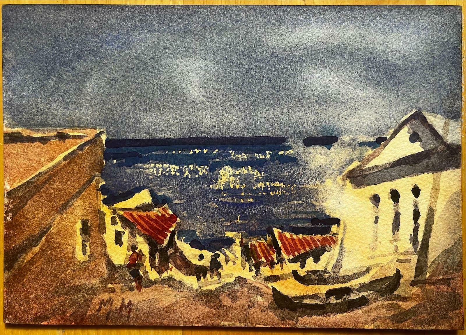 Unknownfrench Impressionist Watercolor Landscape Seaside Town With Azure Sea20th Century