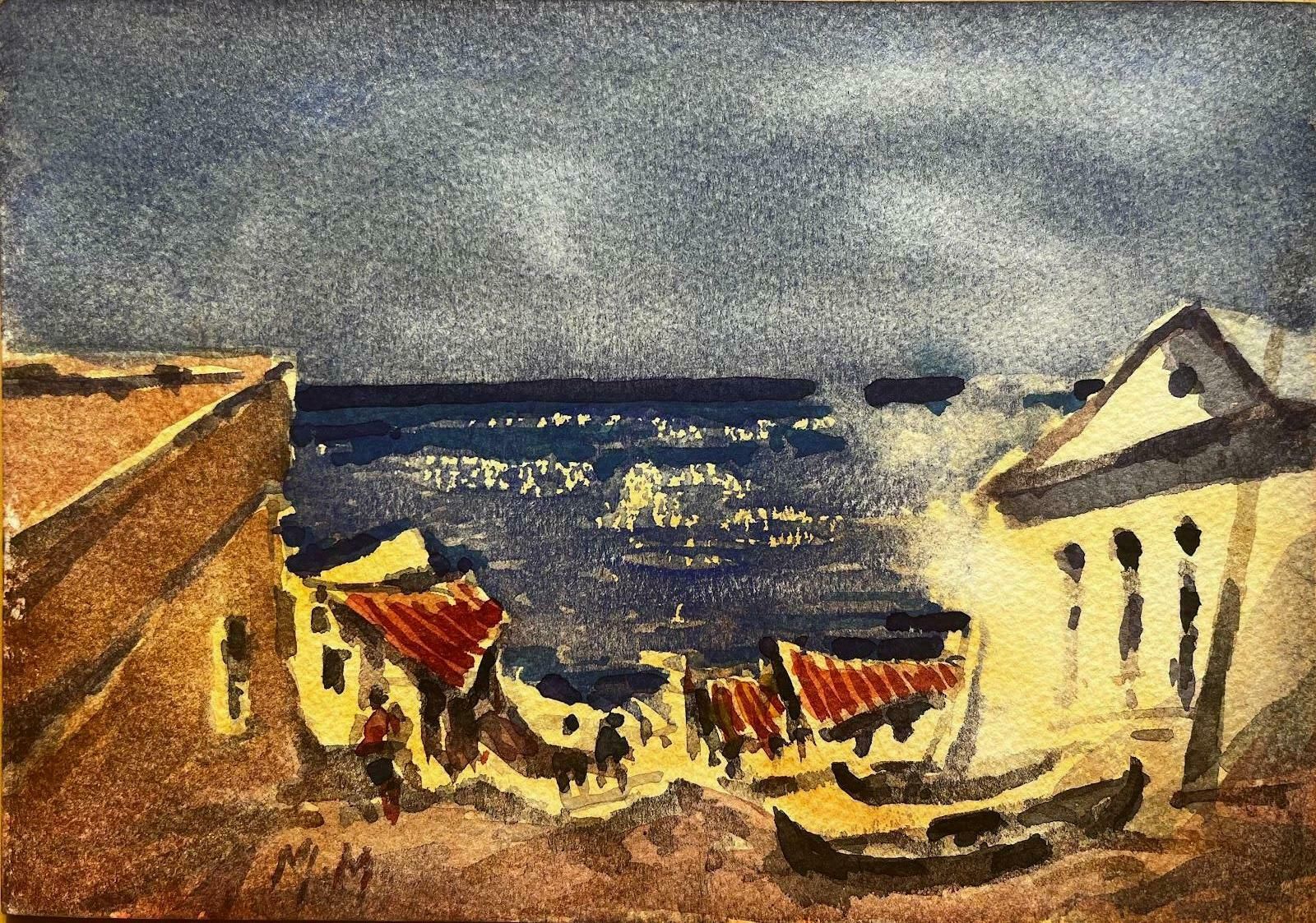 Unknownfrench Impressionist Watercolor Landscape Seaside Town With Azure Sea20th Century photo furniture
