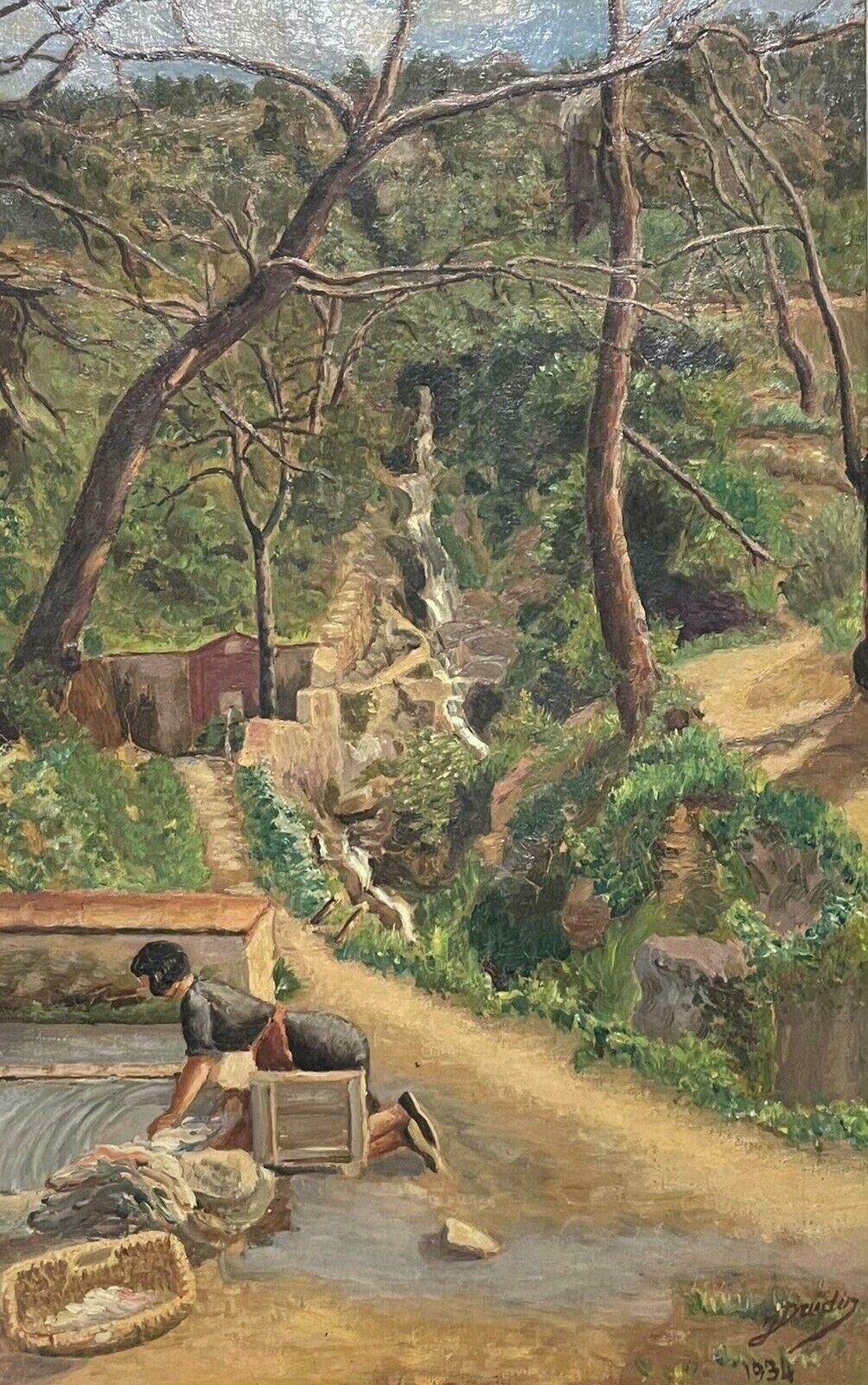 French Artist1930's French Impressionist Signed Oil   La Lavandiere Village Stream & Woodland
