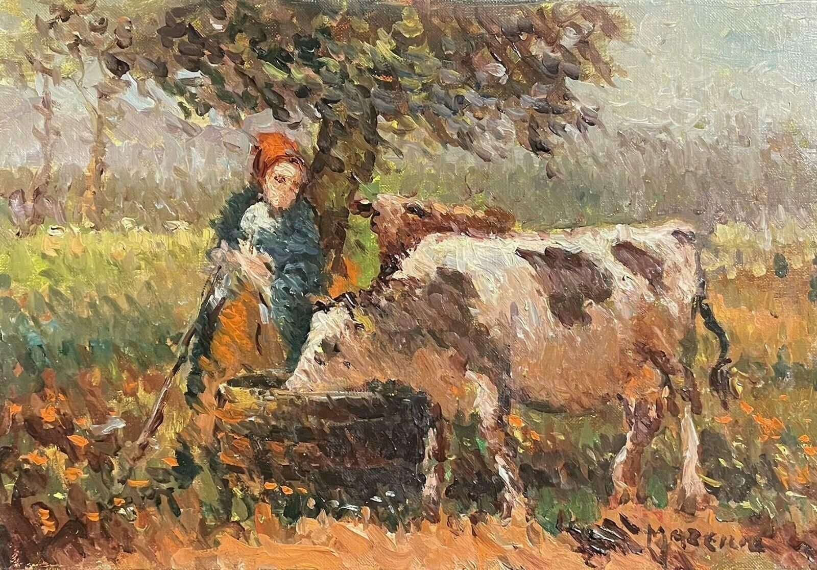 Maurice Mazeiliemaurice Mazeilie French Impressionist Signed Oil   Cattle Watering Under Tree
