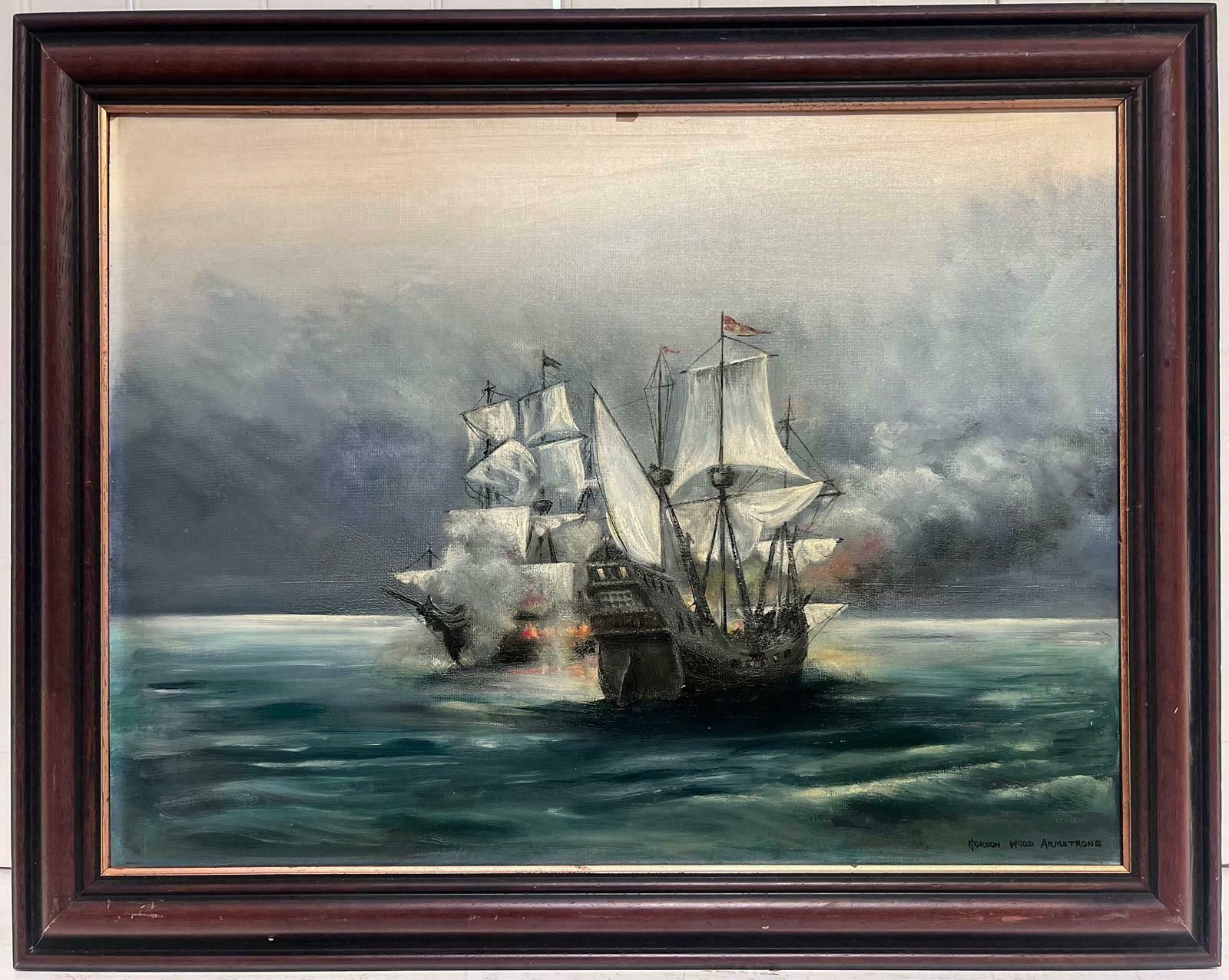 Gordon Wood Armstrongbattle Ships At Sea Naval Engagement Signed British Oil Painting photo furniture