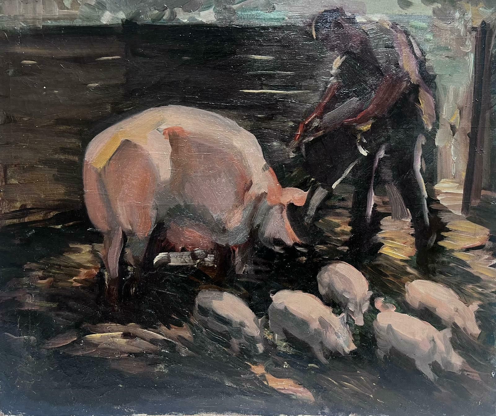 Sunderland Rollinson1930's English Impressionist Oil Painting Farmer Feeding Pigs In Sty Large Work1930's