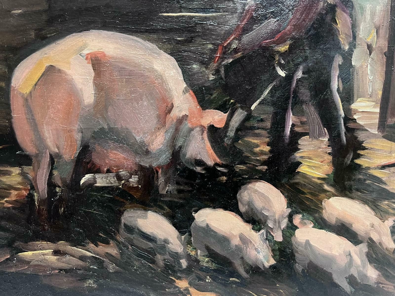 Sunderland Rollinson1930's English Impressionist Oil Painting Farmer Feeding Pigs In Sty Large Work1930's photo for sale