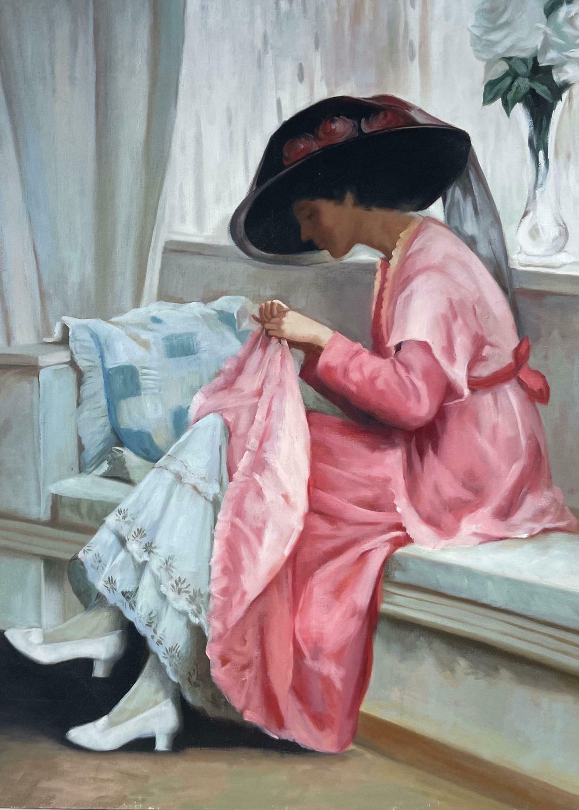 French Impressionistvery Large French Original Oil Portrait Of Elegant Lady In Interior Room Settingc. 1980's photo for sale