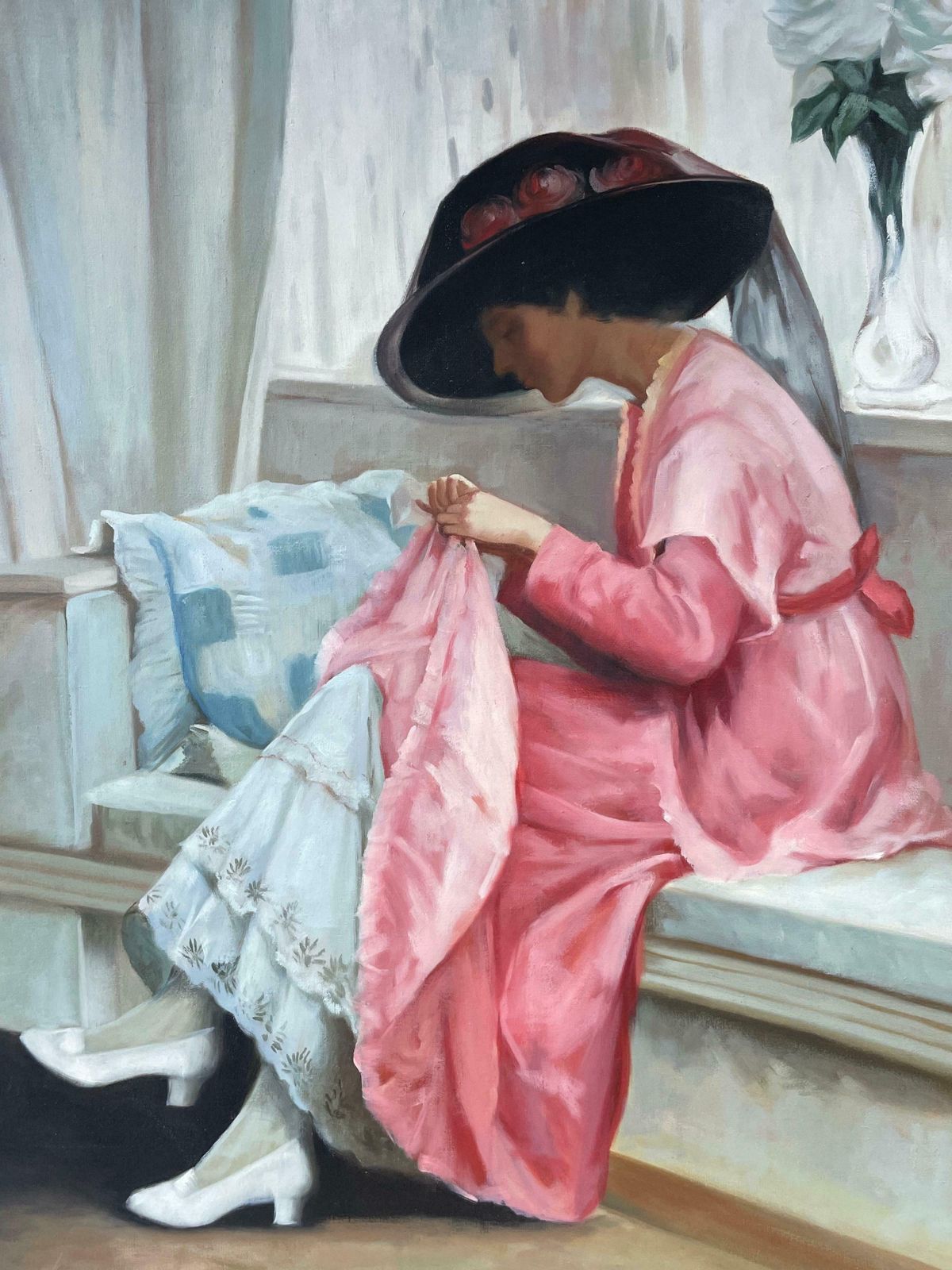 French Impressionistvery Large French Original Oil Portrait Of Elegant Lady In Interior Room Settingc. 1980's photo Art