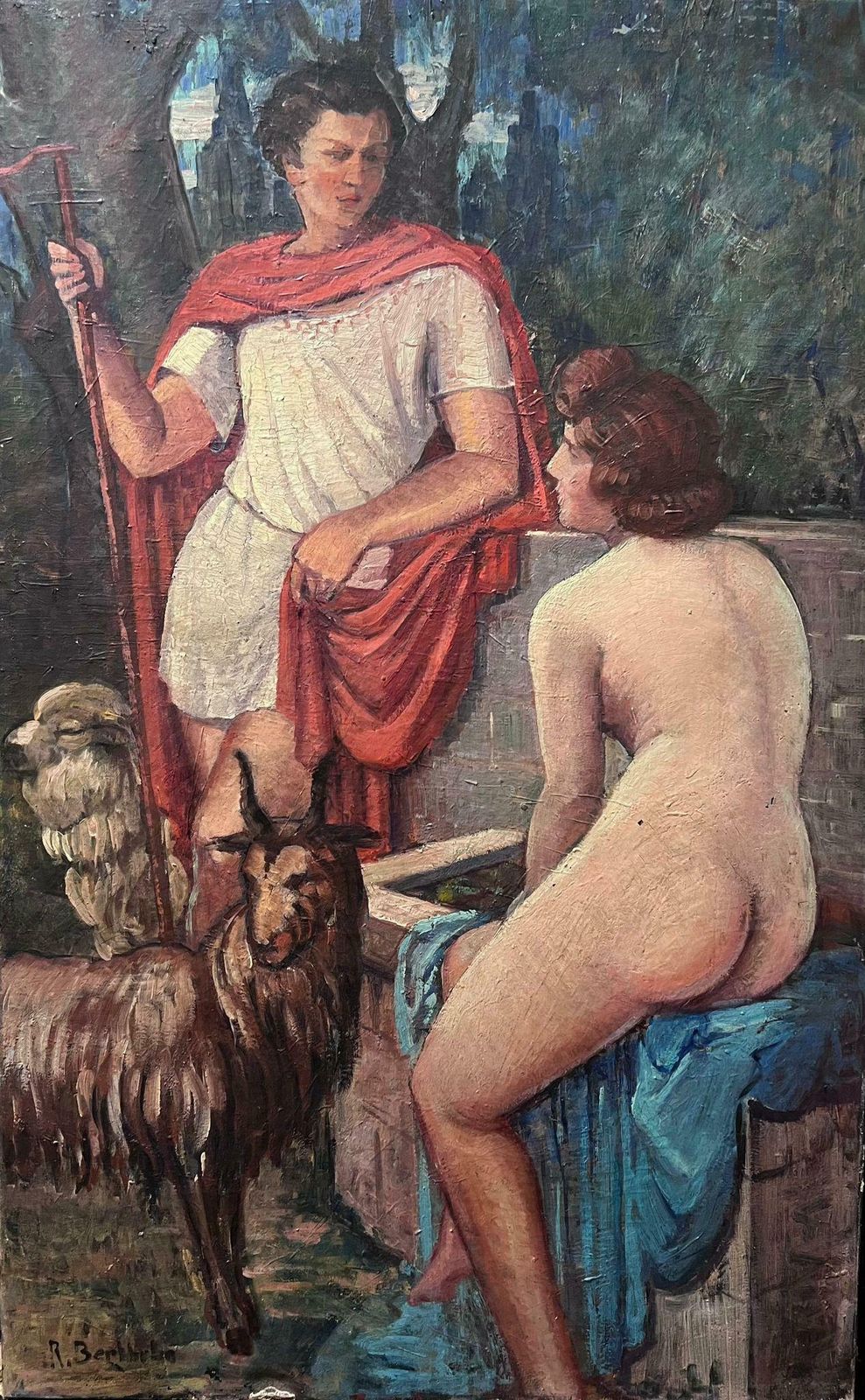 Italian Schoolhuge 1900's Italian Impressionist Signed Oil Painting Shepherd Talking To Nude