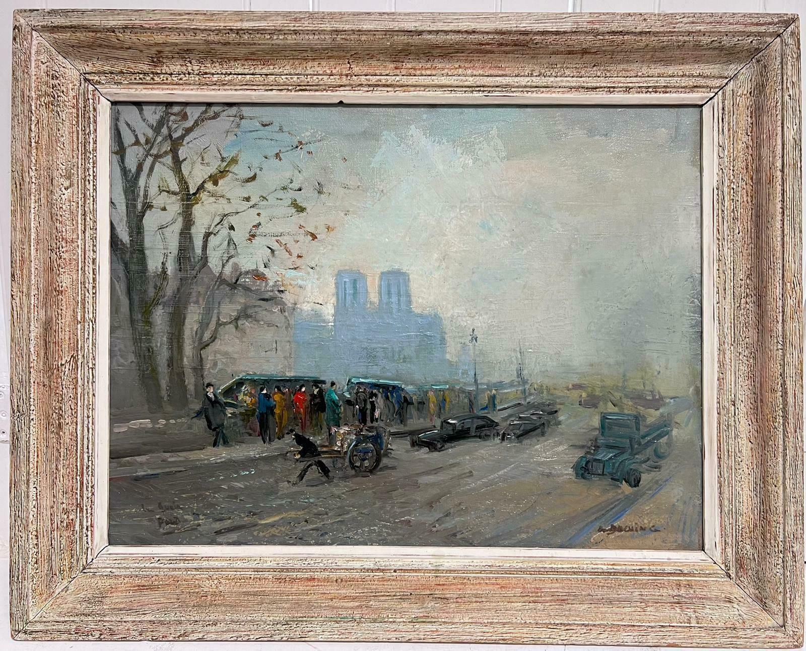 French School1950's Moody Paris Oil City Skyline Notre Dame & Bouquinistes River Seine Banks1950's