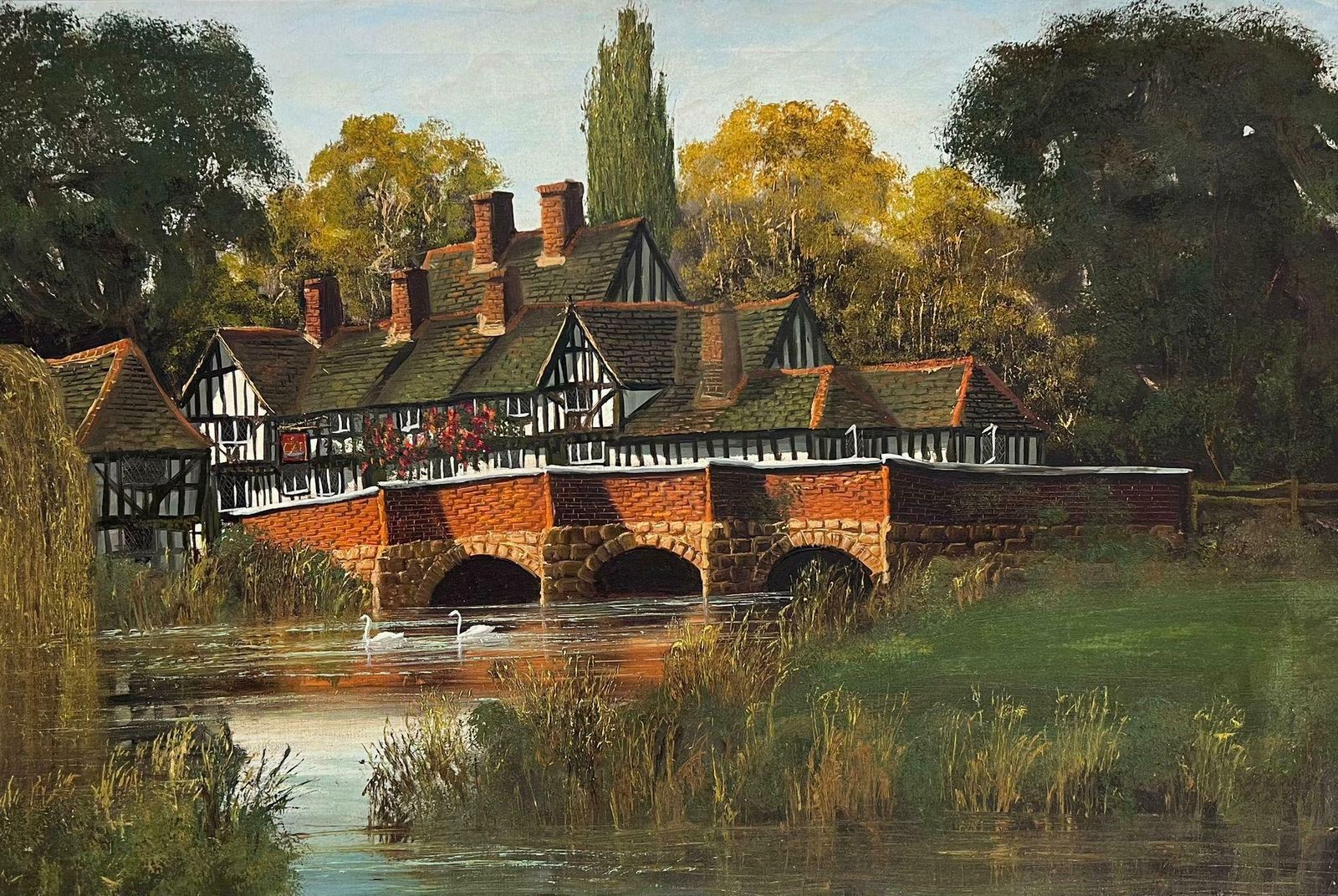 British School Large Old Tudor Coaching Inn By River Landscape & Swans Very Large English Oil photo buy