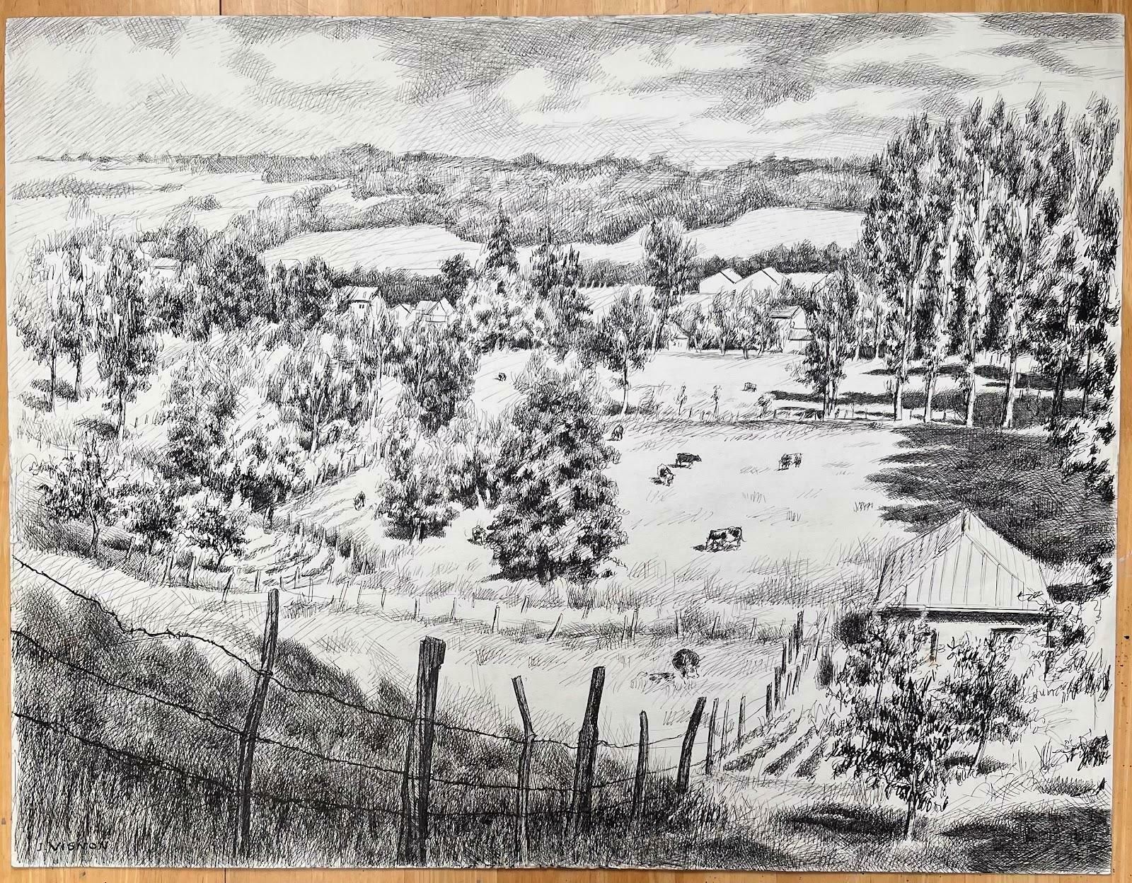 Josine Vignonmid Century French Original Ink Drawing Of A Rural Landscape With Cows1950's