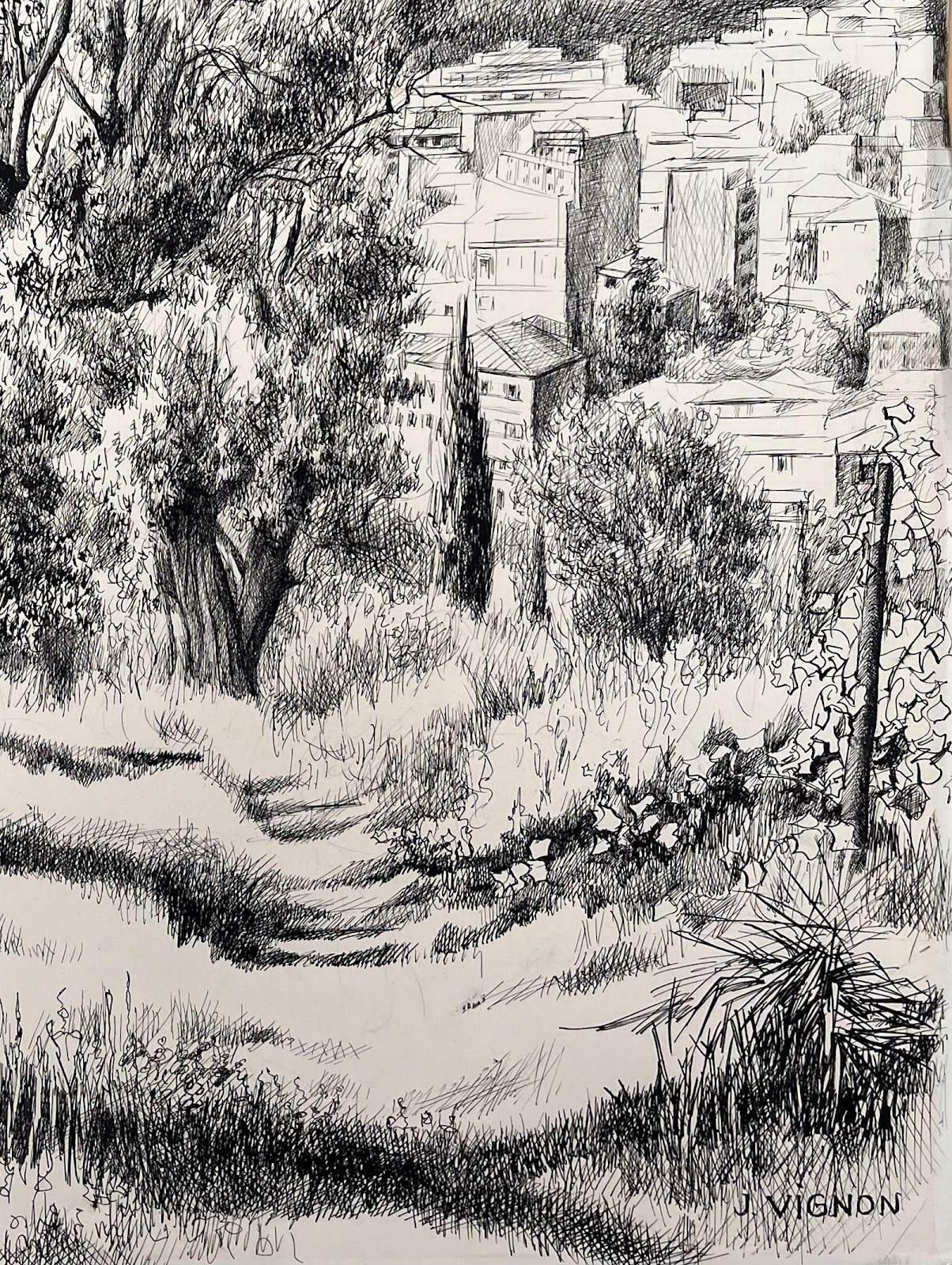 Josine Vignonmid Century French Original Ink Drawing   Urban View Through Olive Trees1950's photo vinterior