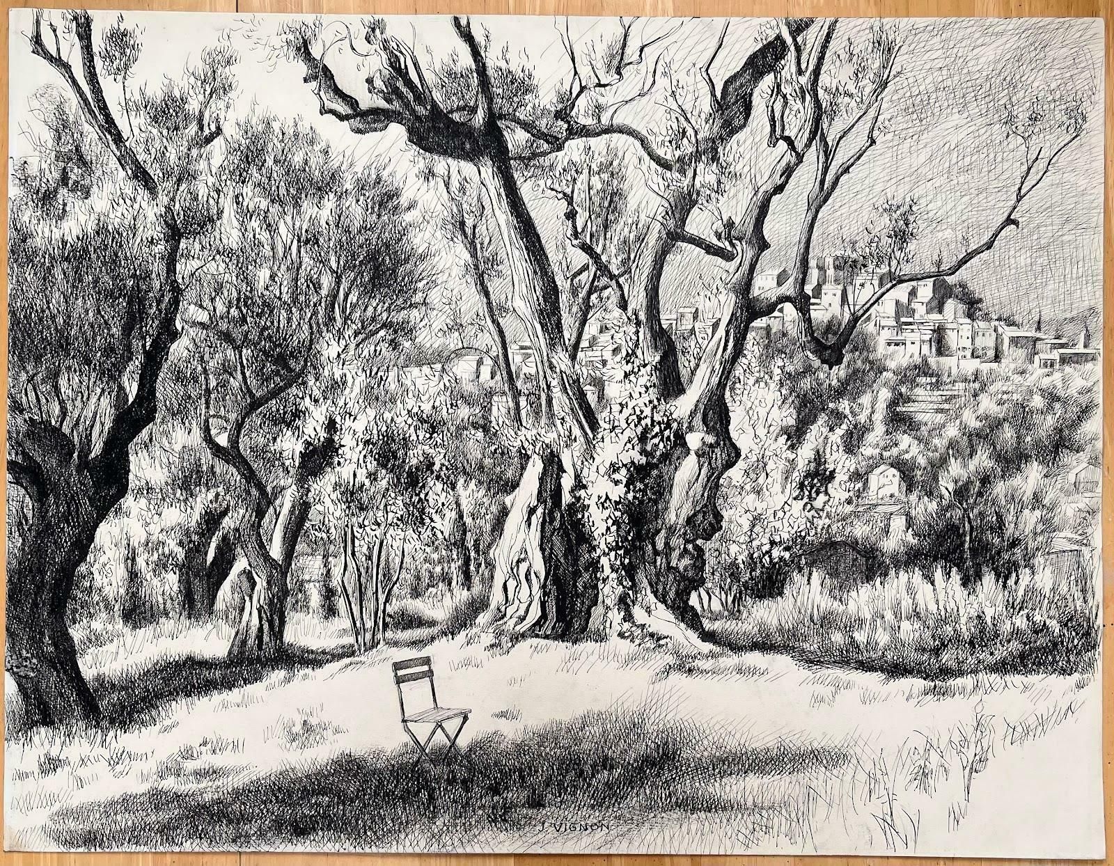 Josine Vignonmid Century French Original Ink Drawing   View Of Olive Trees & Hilltop Village1968