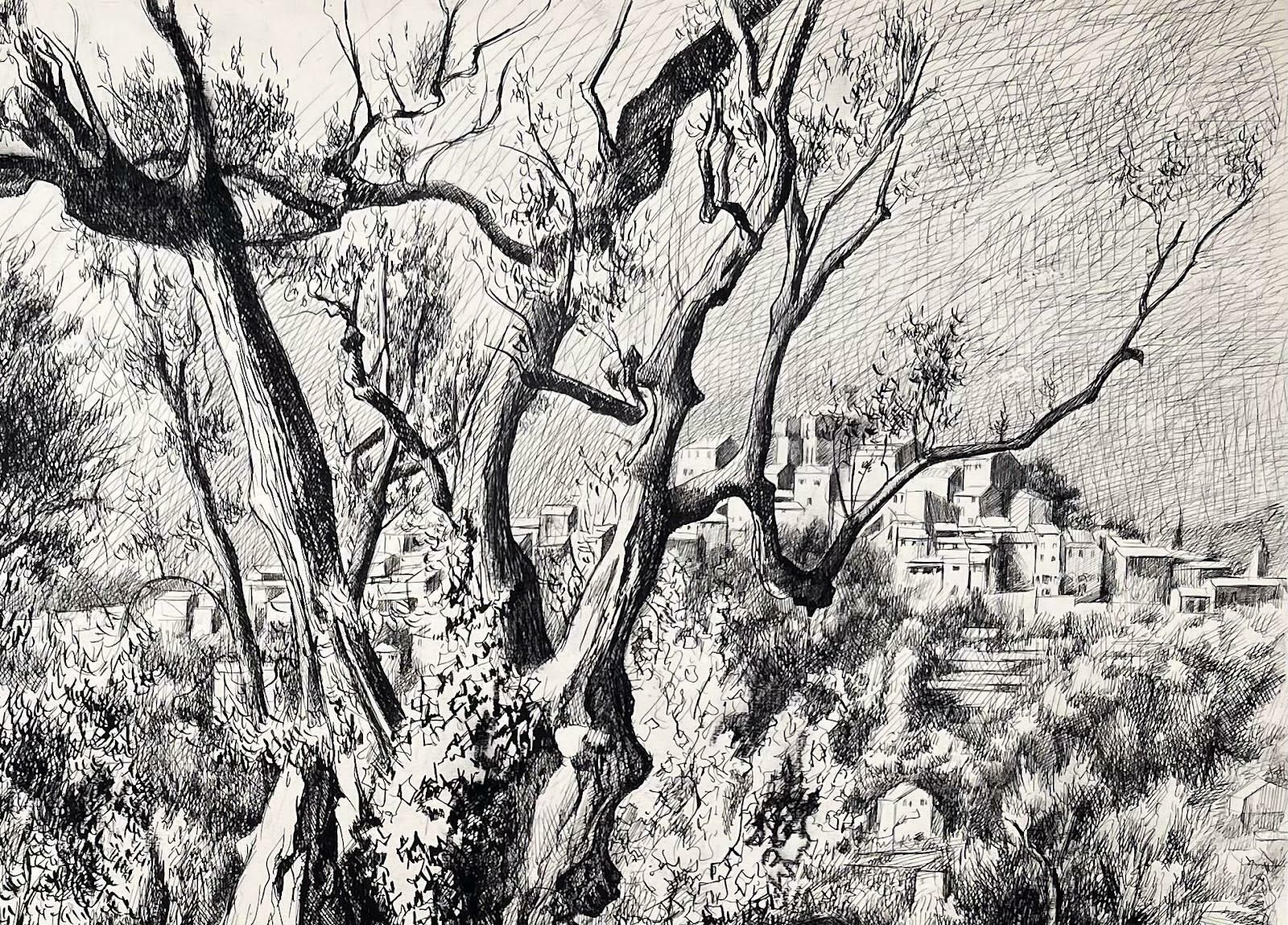 Josine Vignonmid Century French Original Ink Drawing   View Of Olive Trees & Hilltop Village1968 photo Art