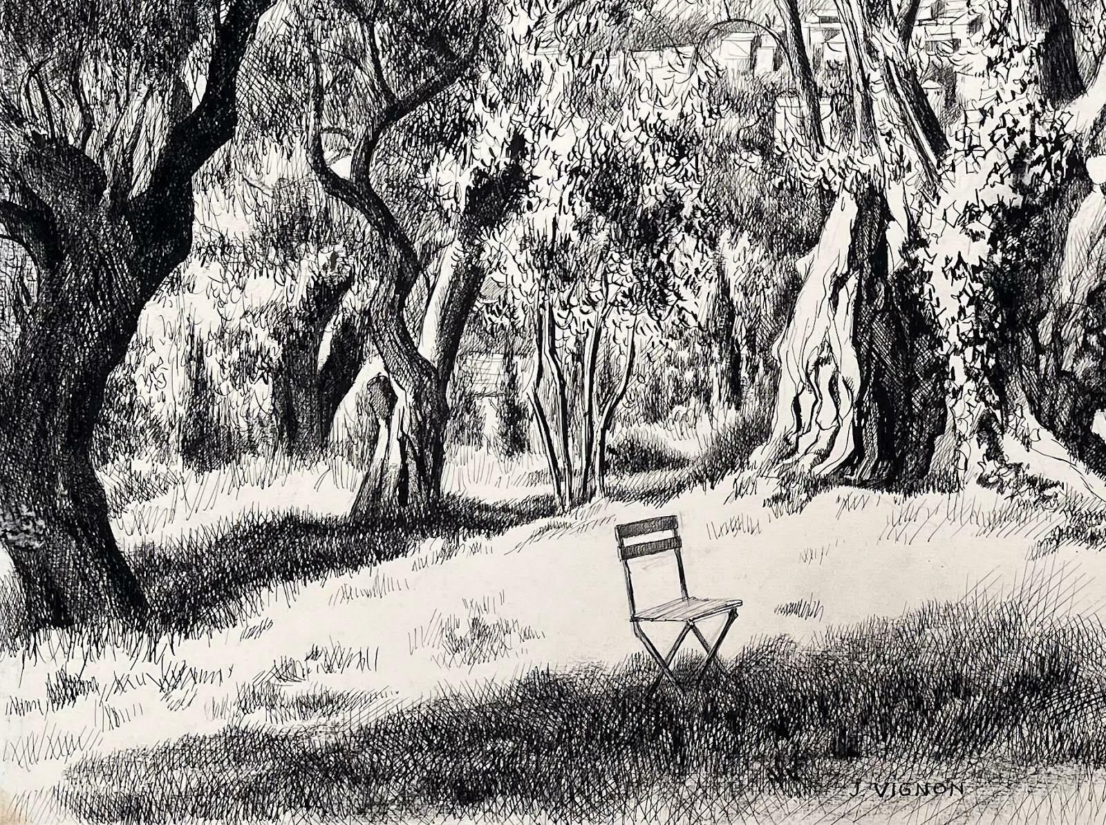 Josine Vignonmid Century French Original Ink Drawing   View Of Olive Trees & Hilltop Village1968 photo 894.0