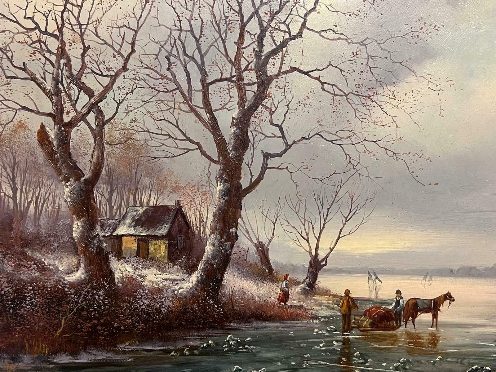 Dutch Schoolfigures Playing On The Ice Traditional Dutch Winter Scene Signed Oil Painting photo vinterior