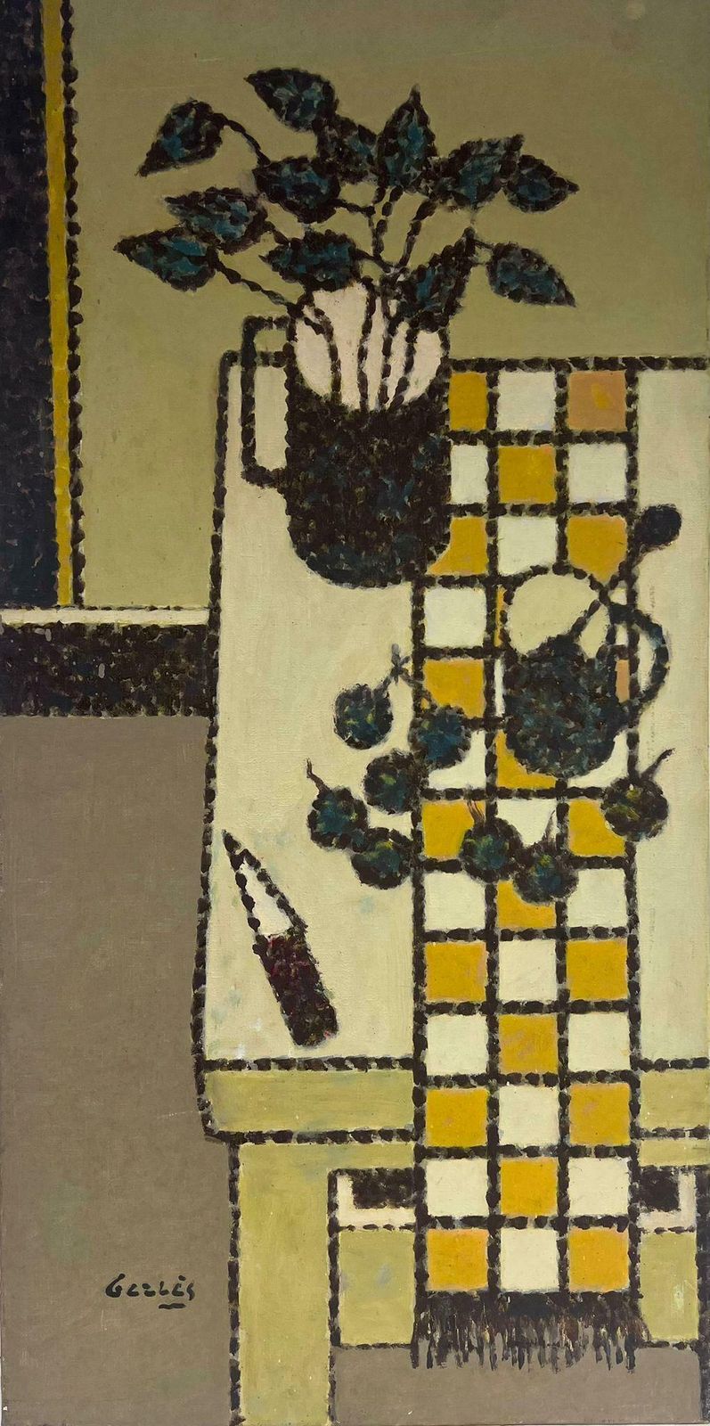 George Levequelarge French Modernist Signed Oil Painting Beige Yellow Palette Kitchen Interior2013