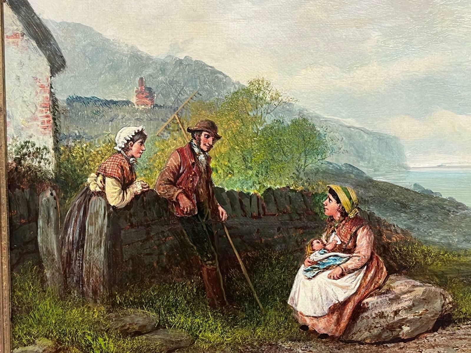 Victorian English19th Century English Oil Painting Fisherfolk Cornish/ Devon Coastline Cottage photo for sale