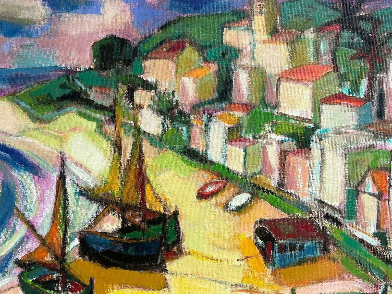 Michel Kritzhuge 1960's French Cubist Modernist Signed Oil Painting Sunny Med Beach Scene photo Art