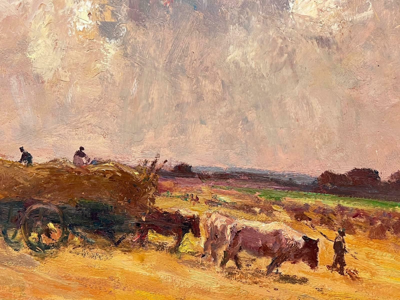 Leon Hatotvintage French Oil Painting Cows Pulling Hay Bale Karts In Golden Fields photo furniture