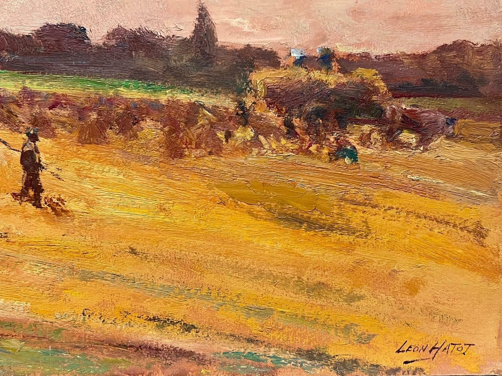 Leon Hatotvintage French Oil Painting Cows Pulling Hay Bale Karts In Golden Fields photo for sale
