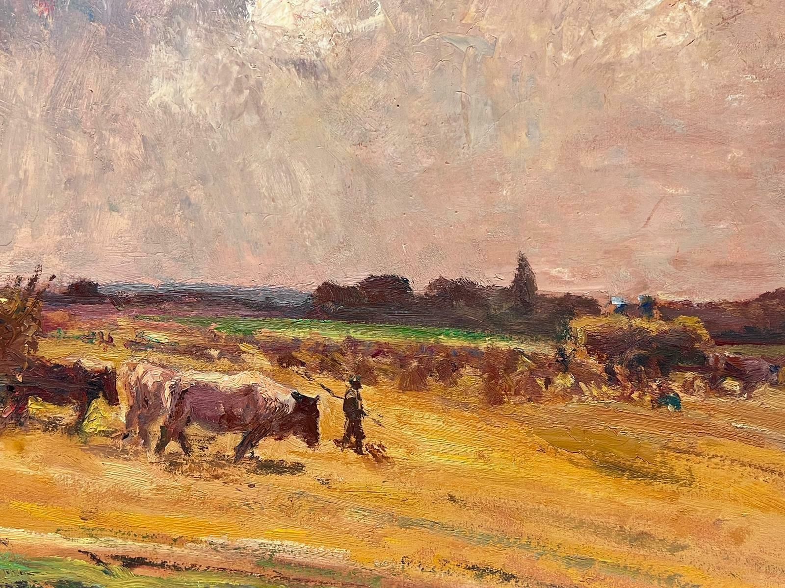 Leon Hatotvintage French Oil Painting Cows Pulling Hay Bale Karts In Golden Fields photo Art