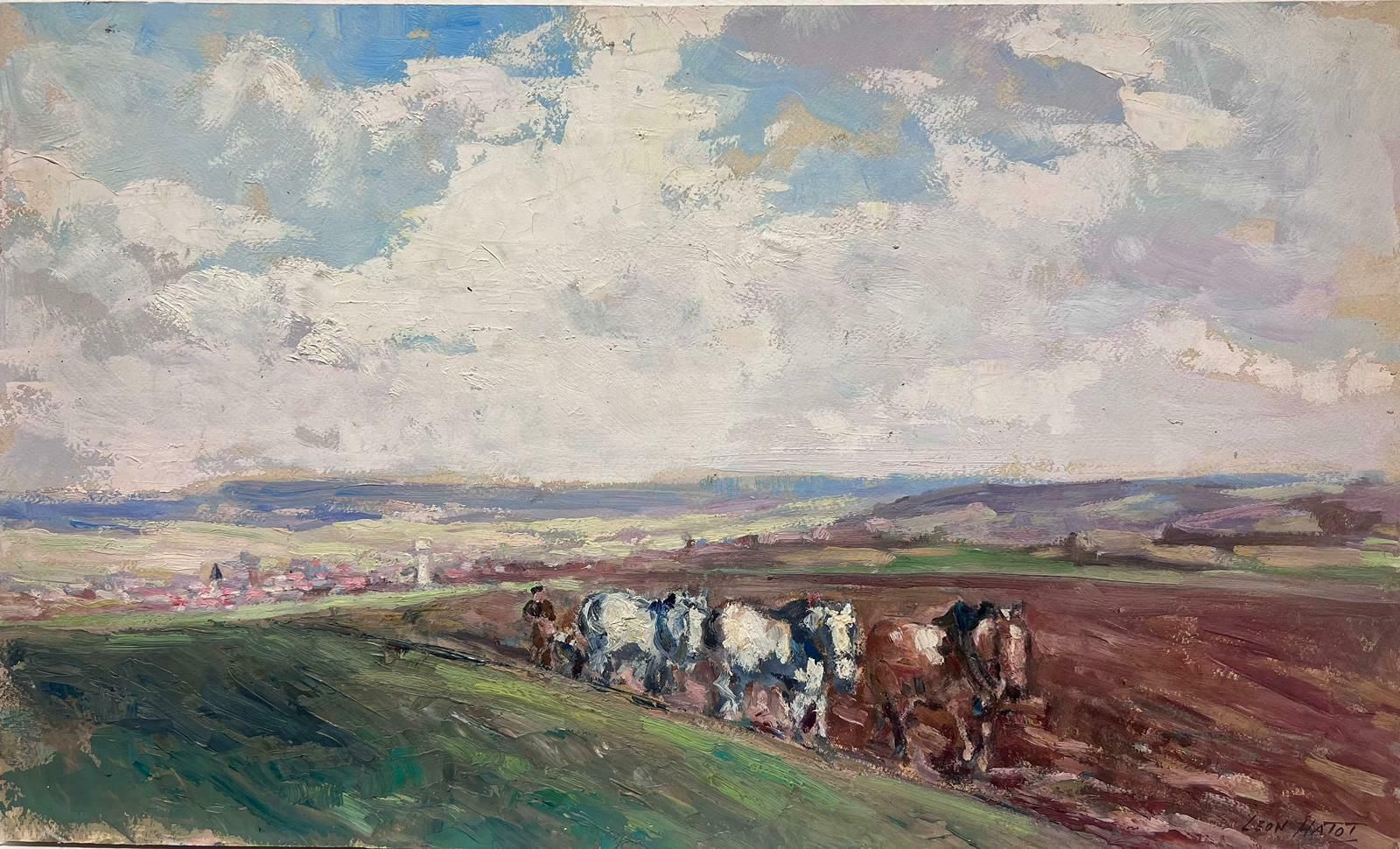 Leon Hatotvintage French Oil Painting Three Horses Pulling Man Through Ploughing Field