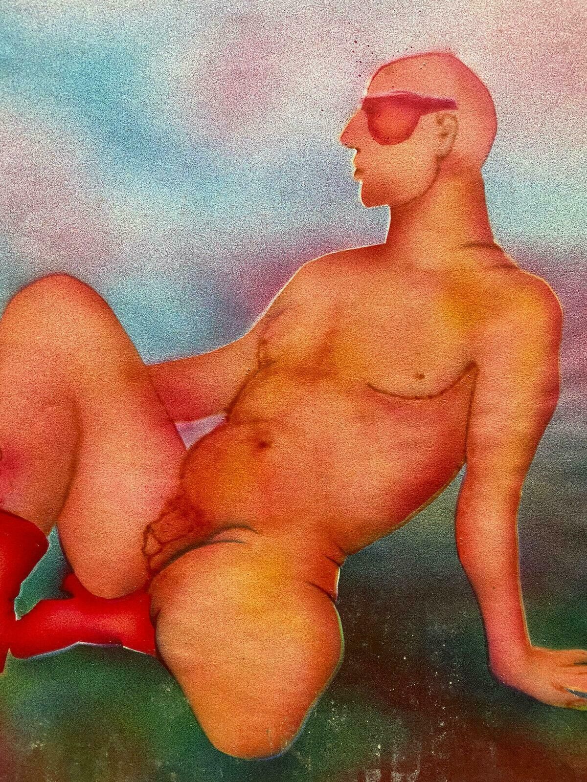 Jean Marc20th Century French Modernist Painting    Erotic Male Nude Portrait In Red Bootsc. 1990's photo furniture