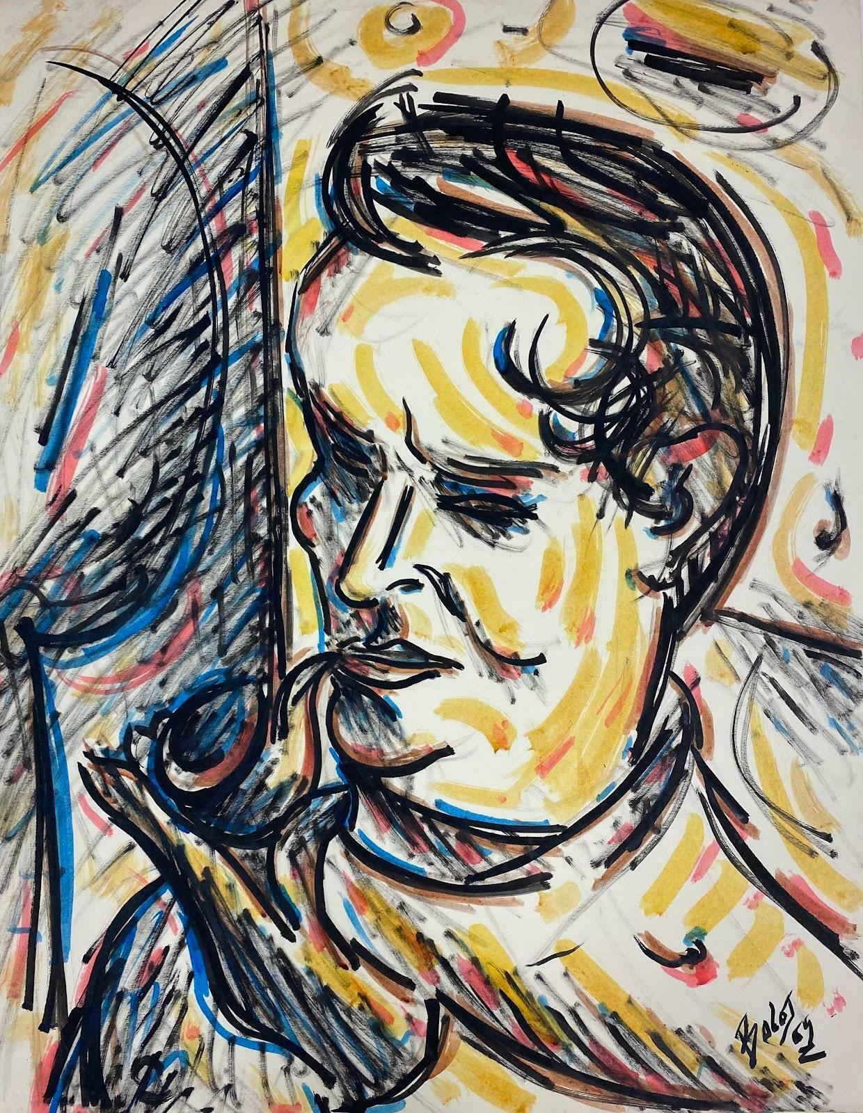 Paul Louis Bolot (French 1918 2003)20th Century French Modernist Painting Portrait Of Man Smoking His Pipe 20th Century (1969)