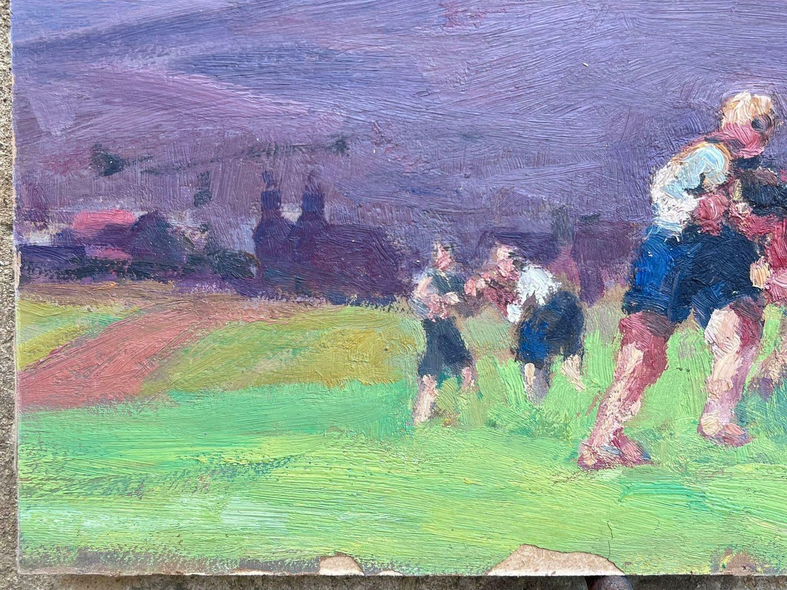 Leon Hatotvintage French Oil Painting Figures Playing Rugby In Vibrant Green Field photo for sale