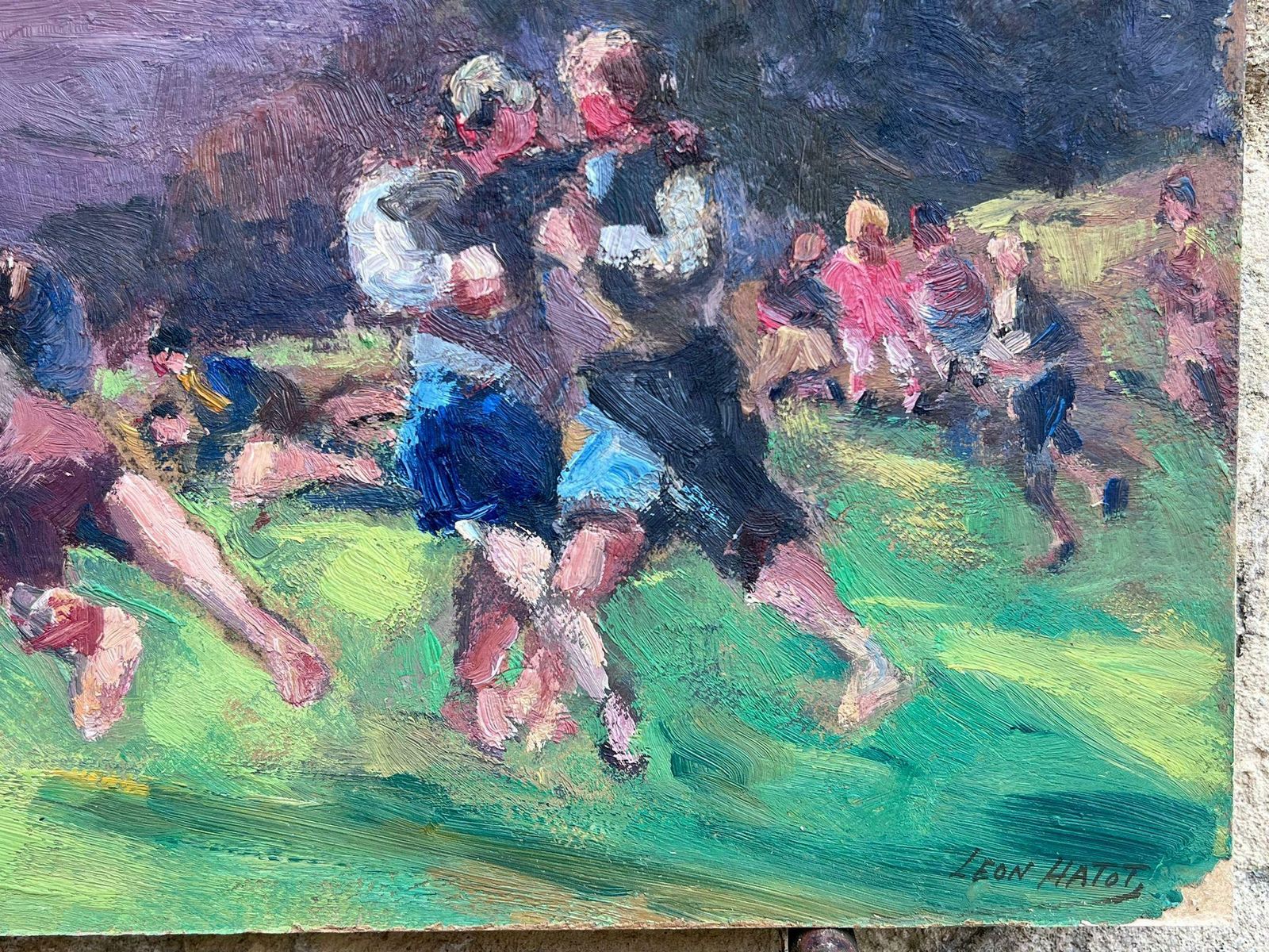 Leon Hatotvintage French Oil Painting Figures Playing Rugby In Vibrant Green Field photo Art