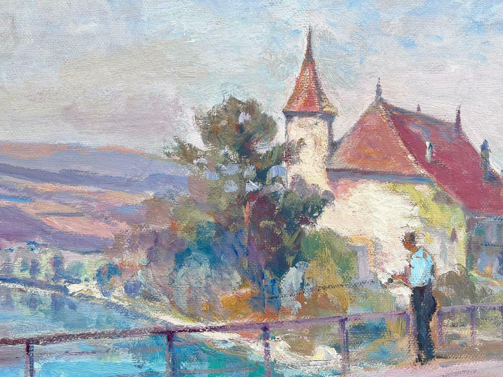 Leon Hatotvintage French Oil Painting Man Fishing Over Bridge Into Clear Blue River photo furniture