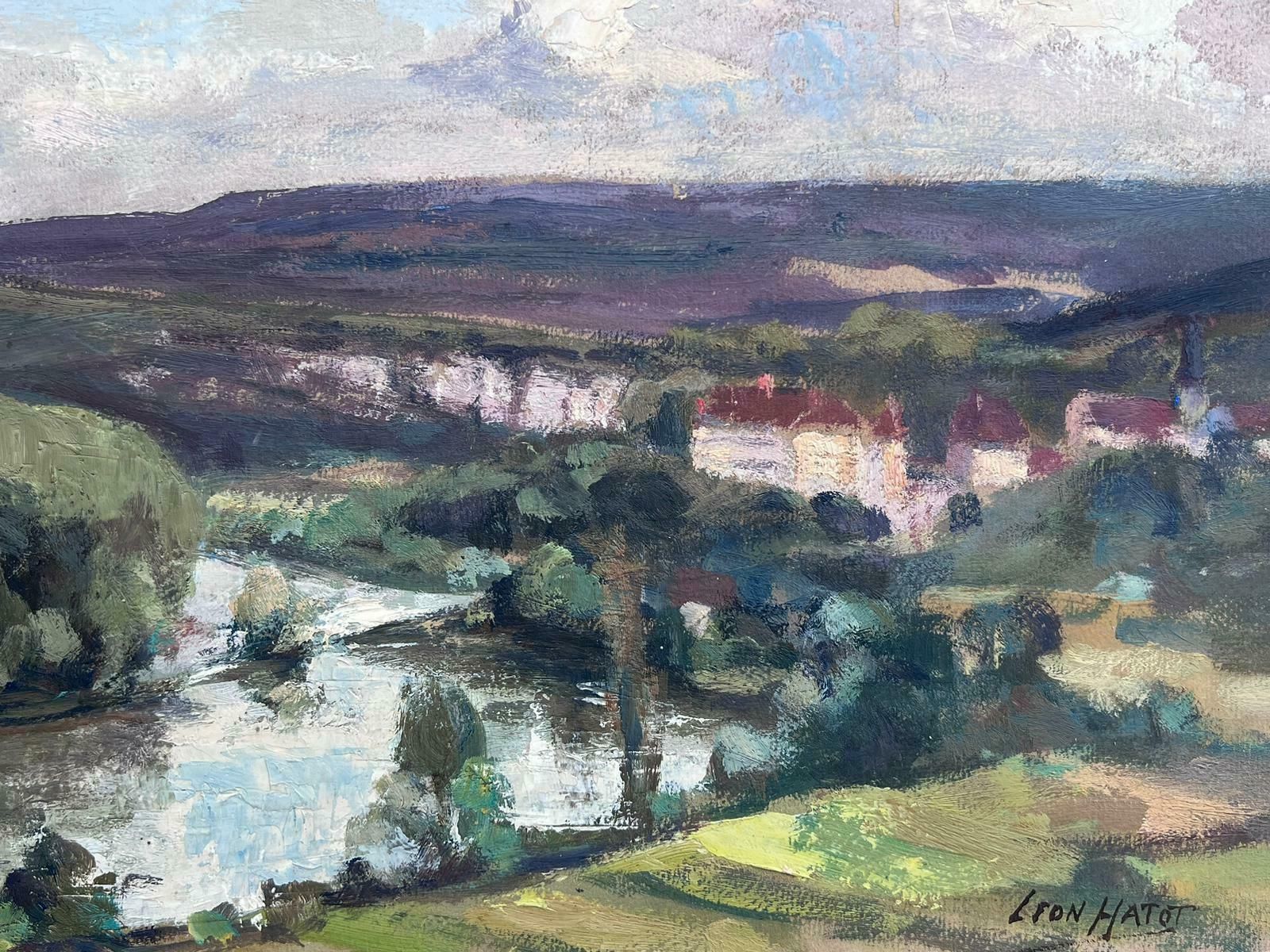 Leon Hatotvintage French Oil Painting Wide Landscape Of Lake Flowing Along The Town photo for sale