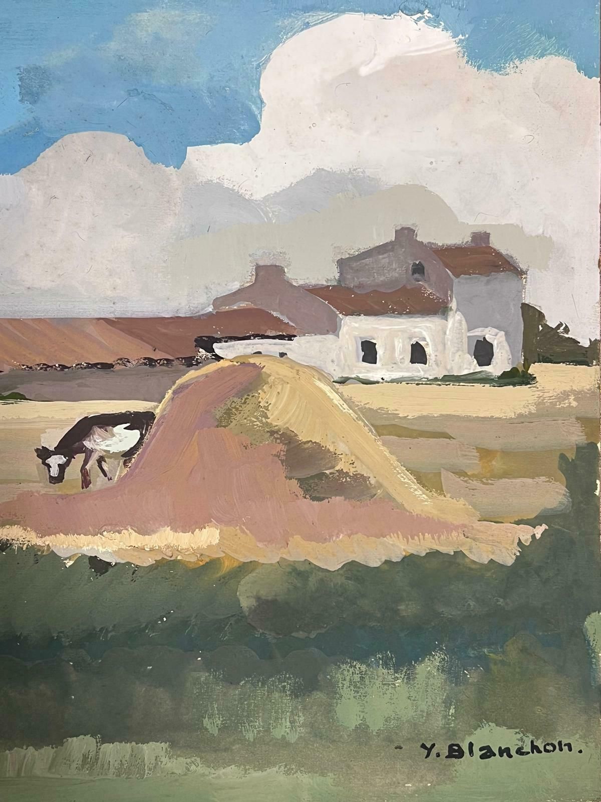 Y Blanchon1950's French Impressionist Painting Cows Munching In Hay Field Landscape 1950's photo for sale