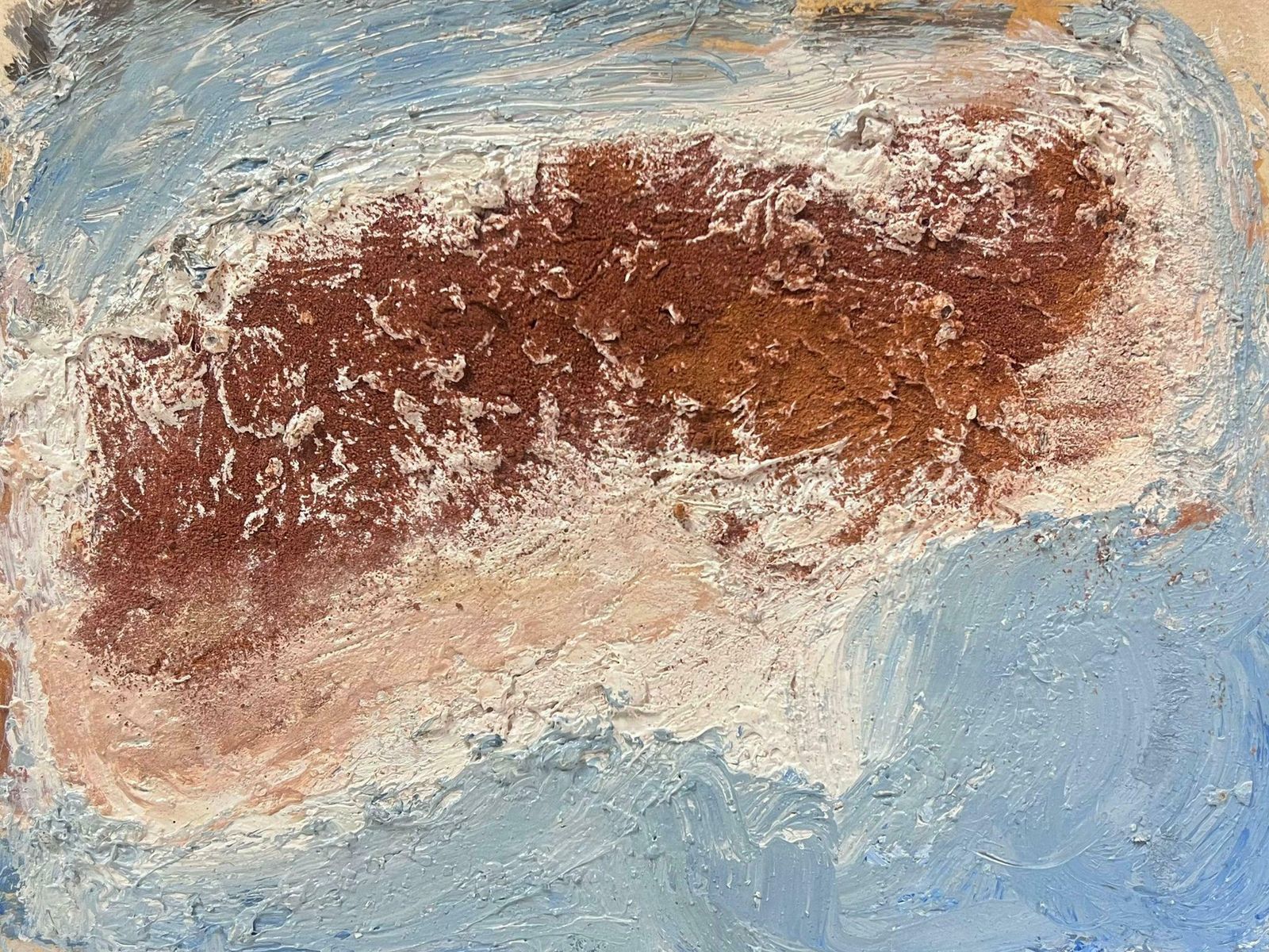 Elisabeth Hahn20th Century German Modernist Oil Painting Brown Splodge On Blue Base Abstract20th Century photo Art