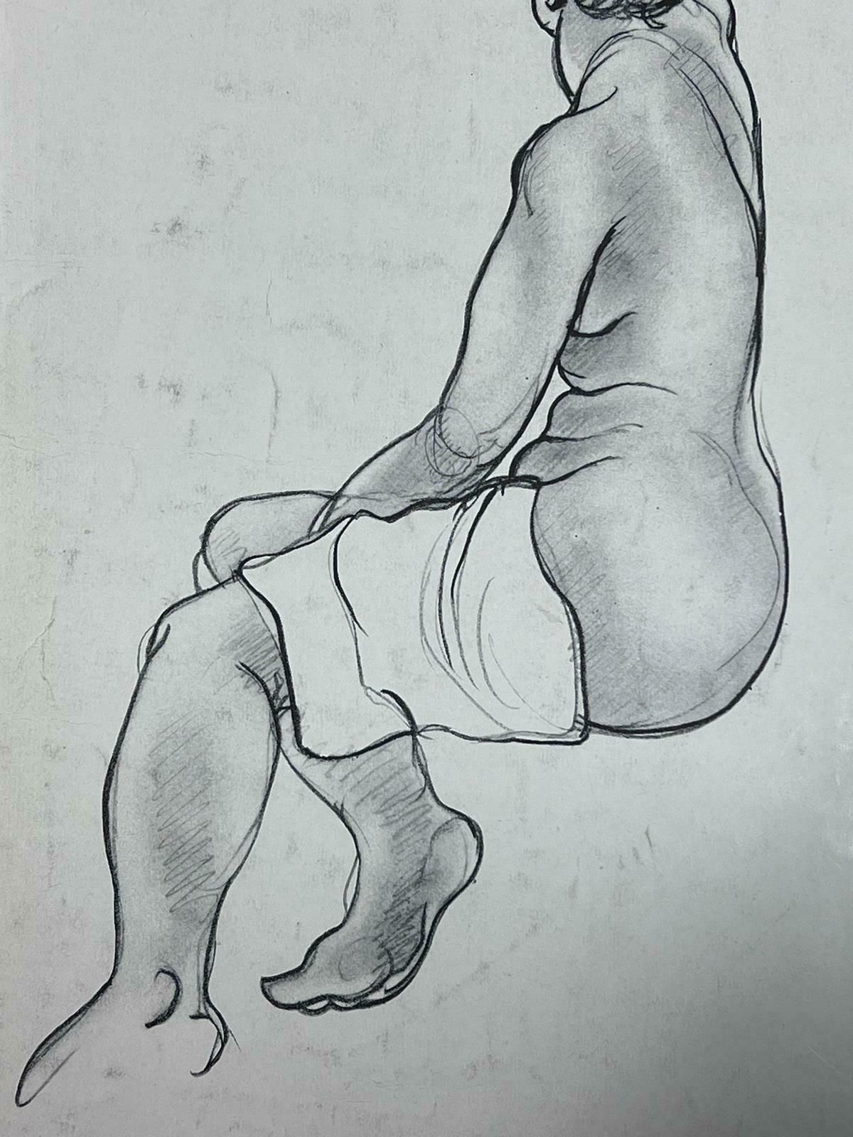 French Schoolmid 20th Century Nude Figure Posed Away Pencil Drawing photo furniture
