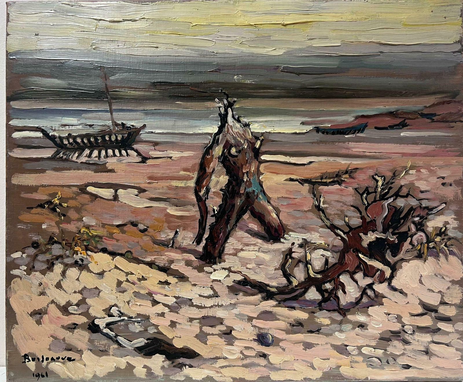 Georges Bordonovecontemporary French Impressionist Oil Drift Wood And Figure On Dark Beach photo furniture