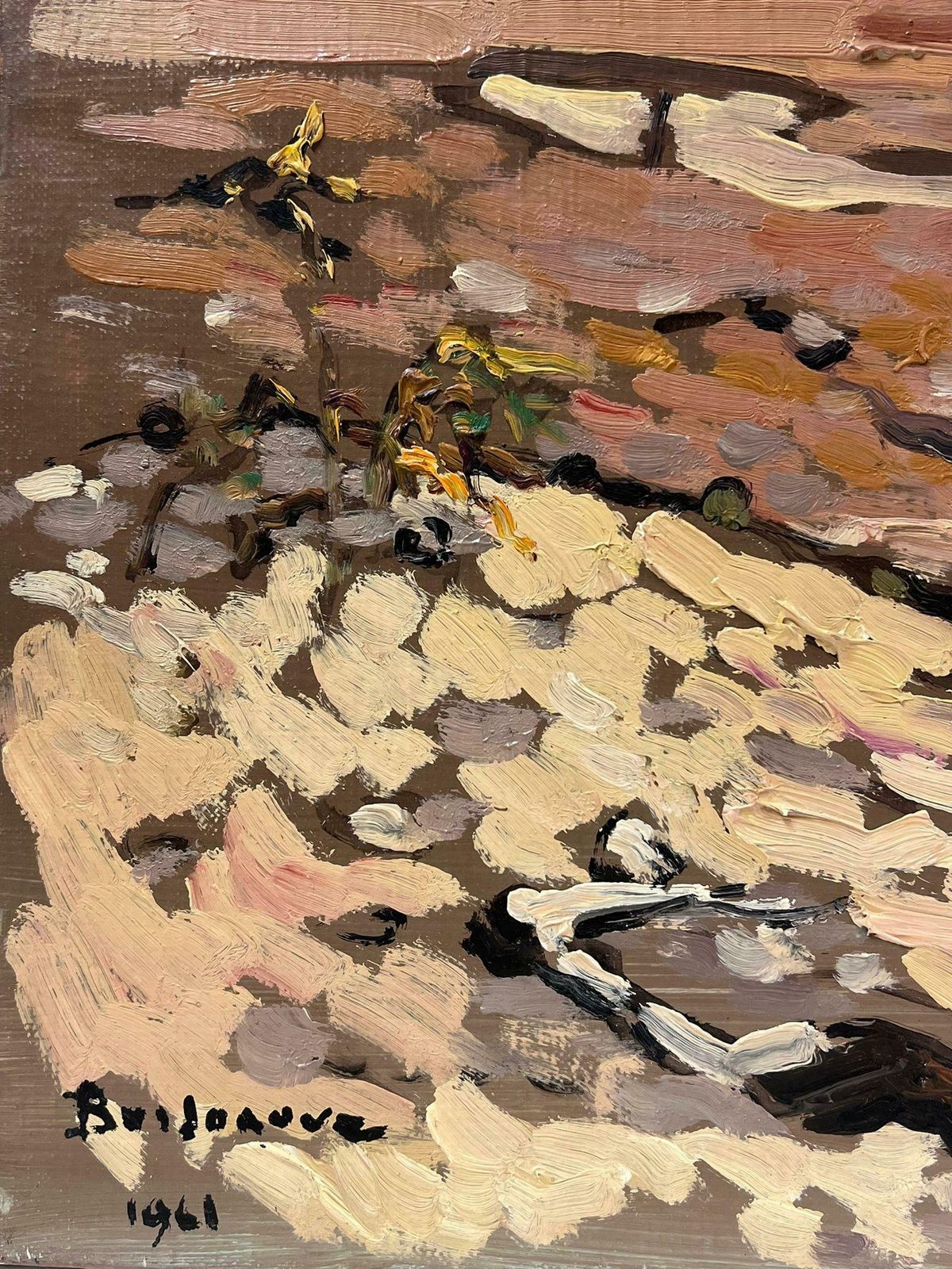 Georges Bordonovecontemporary French Impressionist Oil Drift Wood And Figure On Dark Beach photo for sale