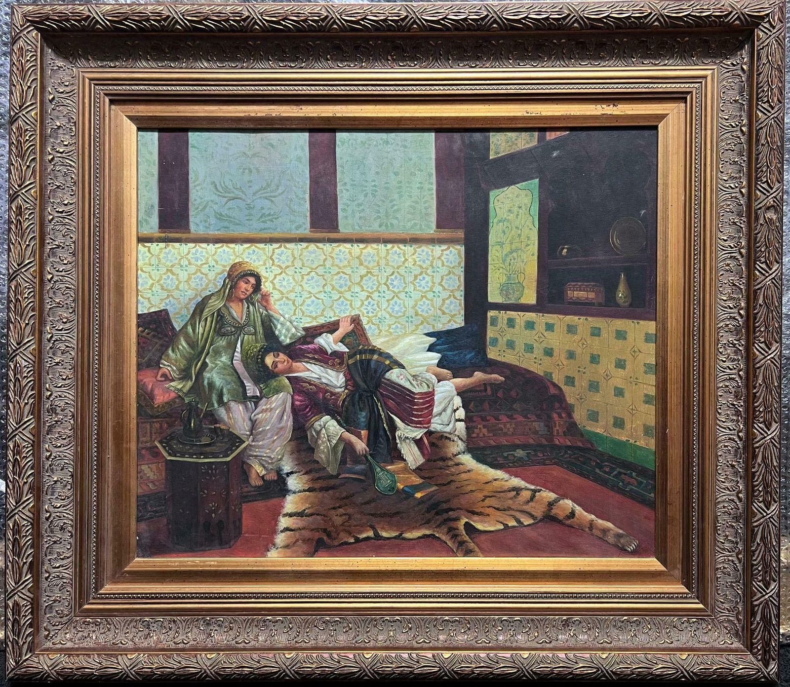 French Schoolfrench North African Orientalist Oil Painting Hareem Interior Two Ladies