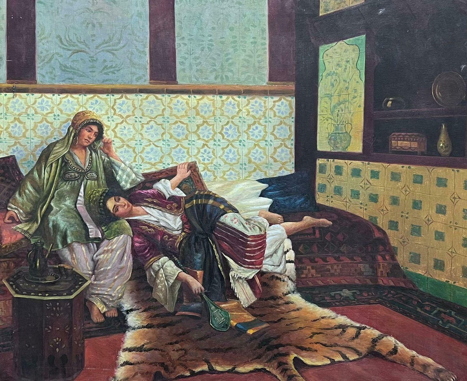 French Schoolfrench North African Orientalist Oil Painting Hareem Interior Two Ladies photo furniture