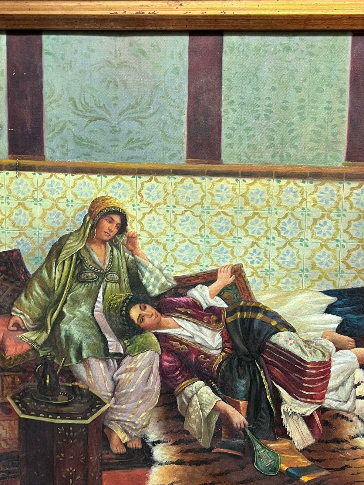 French Schoolfrench North African Orientalist Oil Painting Hareem Interior Two Ladies photo for sale