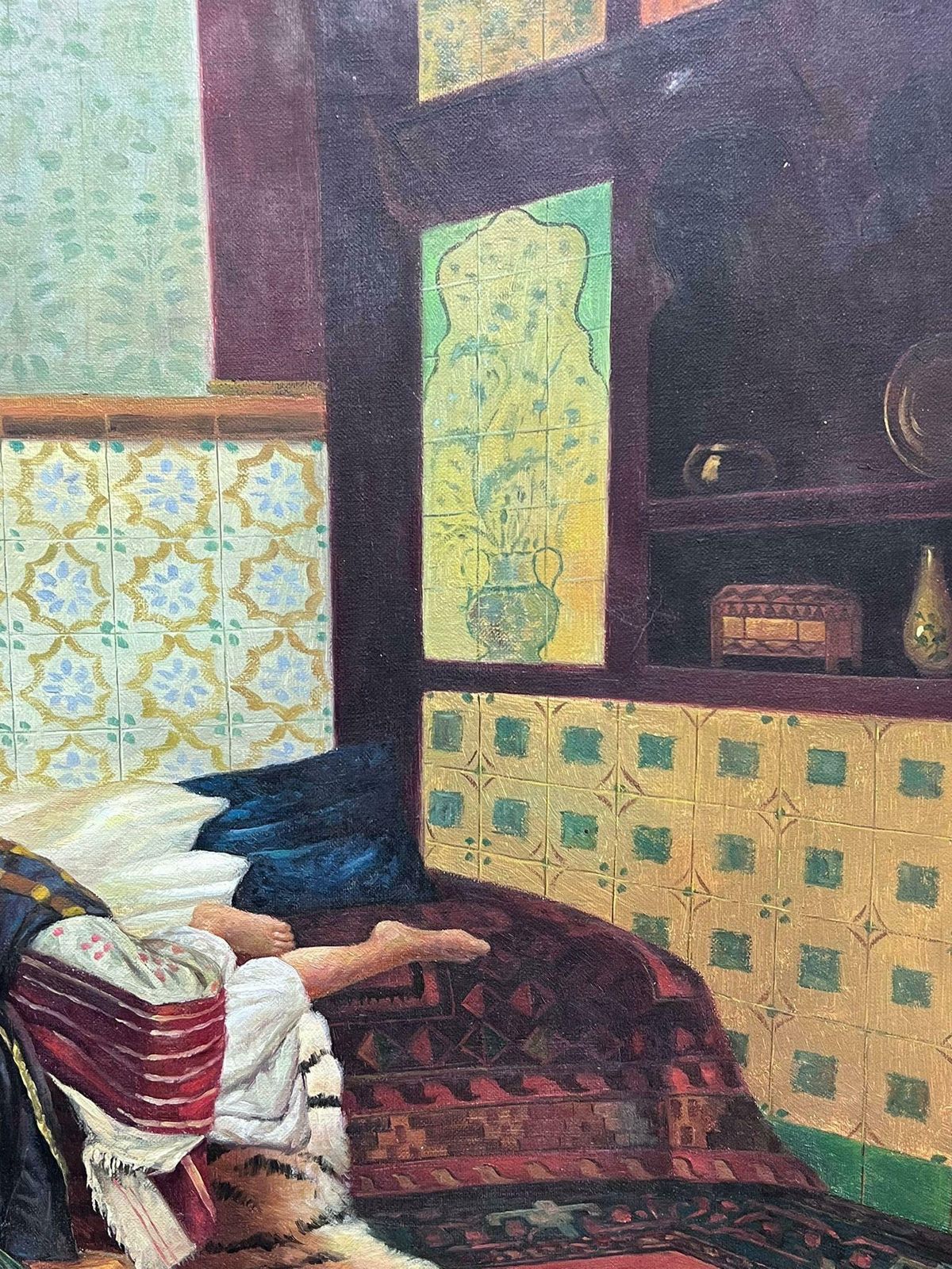 French Schoolfrench North African Orientalist Oil Painting Hareem Interior Two Ladies photo vinterior