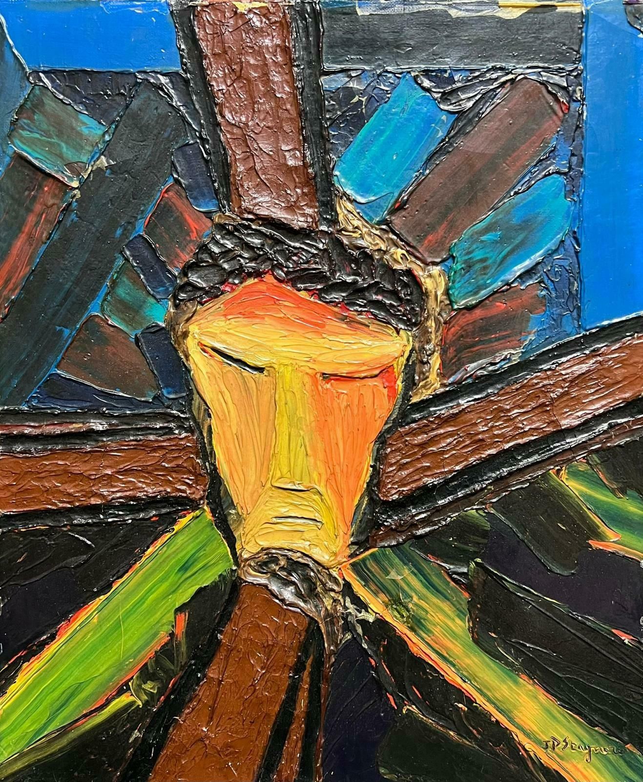 Jean Pierre Stagnaro1960's French Expressionist Oil Painting Portrait Of Christ Crucifixion1960's