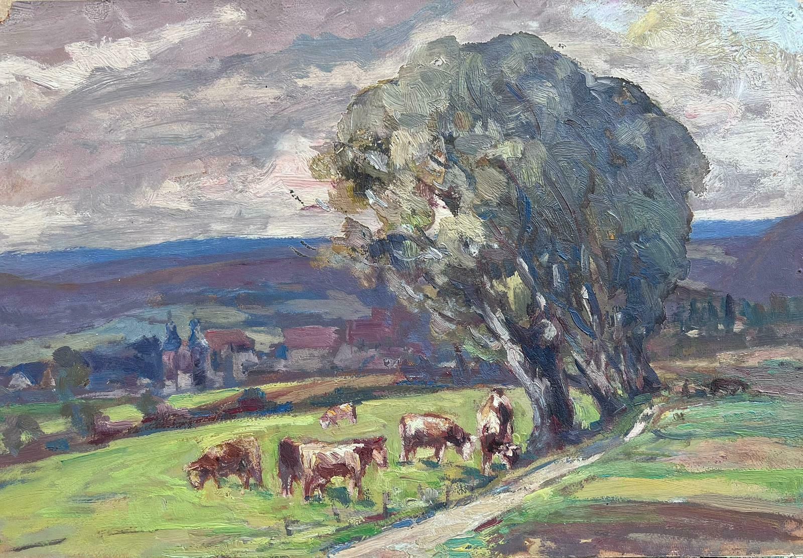 Leon Hatotvintage French Oil Painting Cows Munching On Grass Under Windswept Tree