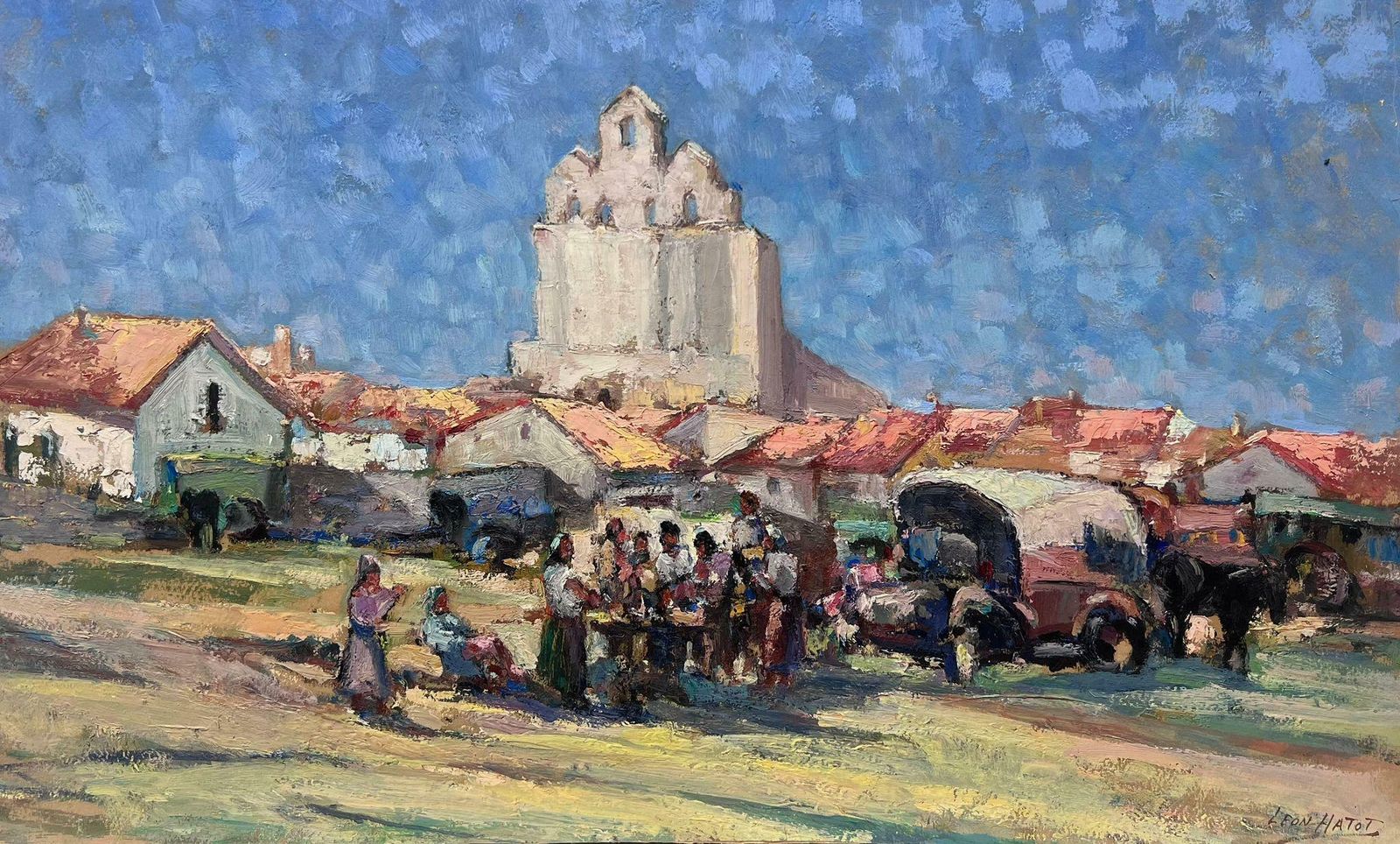 Leon Hatot1930's French Impressionist Signed Oil Figures Crowded Market Summer Skies