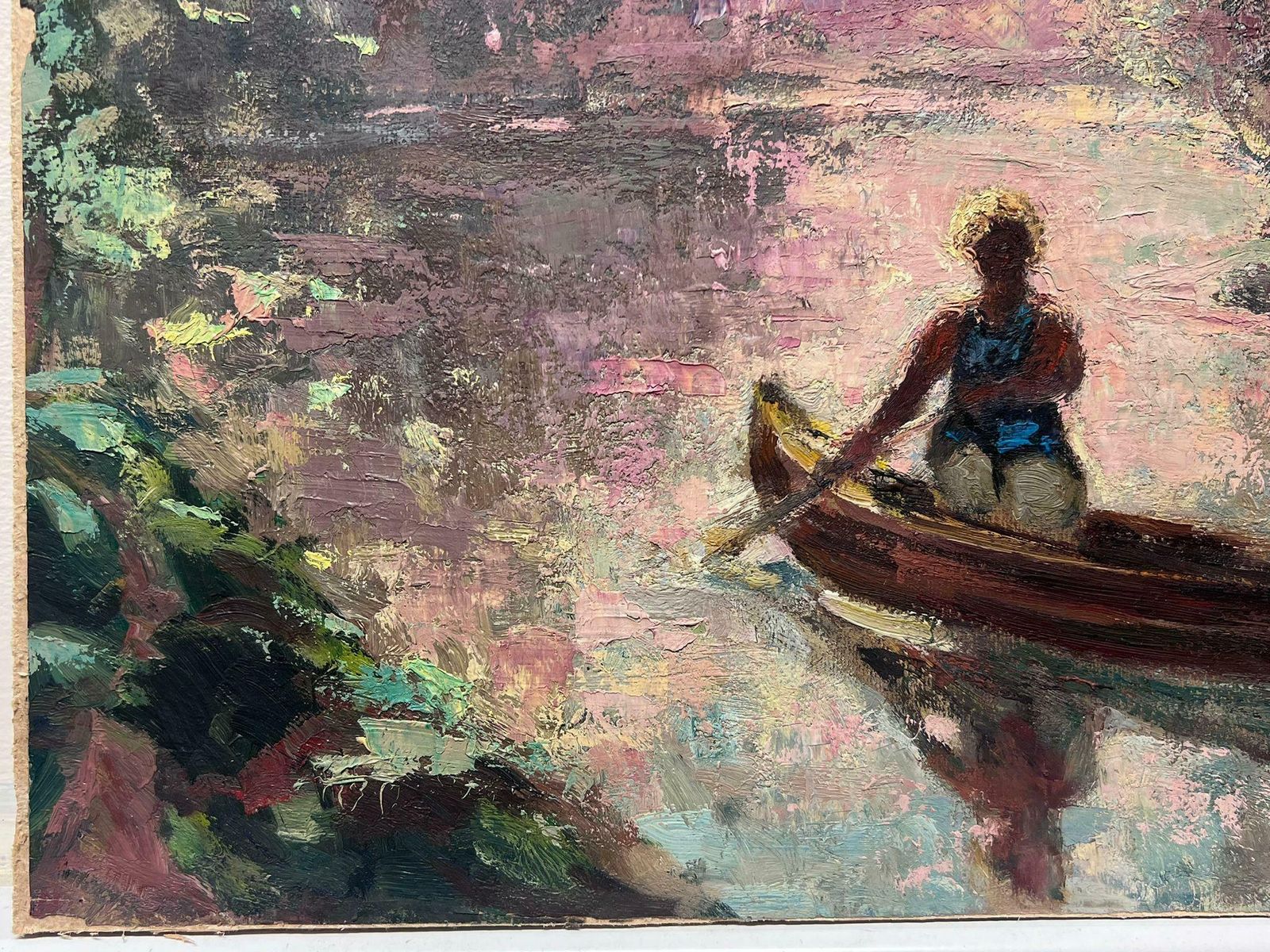 Leon Hatotantique French Impressionist Oil Painting Lady Rowing In Pink Dappled Lake photo for sale
